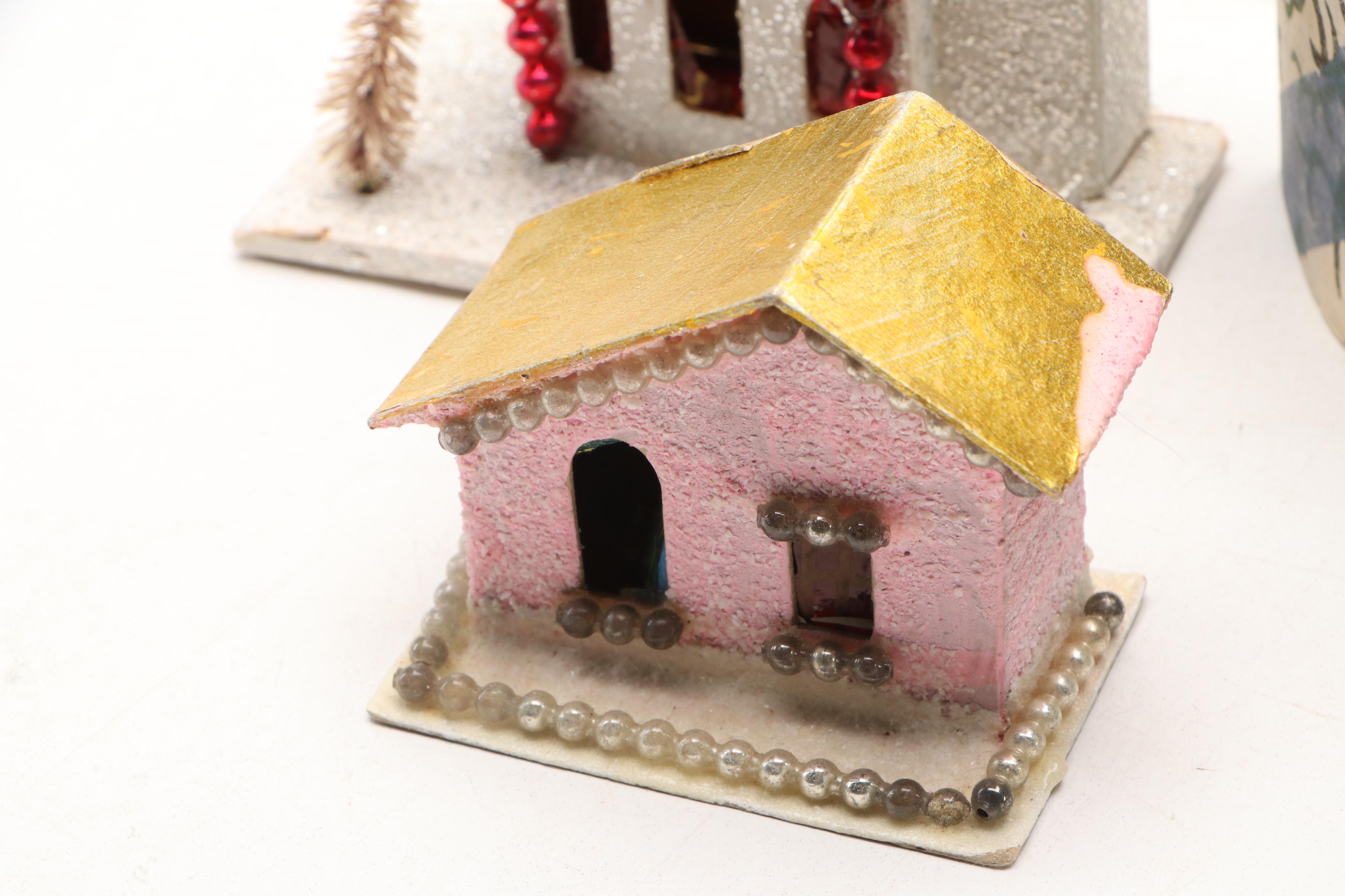 Christmas Miniature Cardboard Houses and Hangings, Mid-20th Century