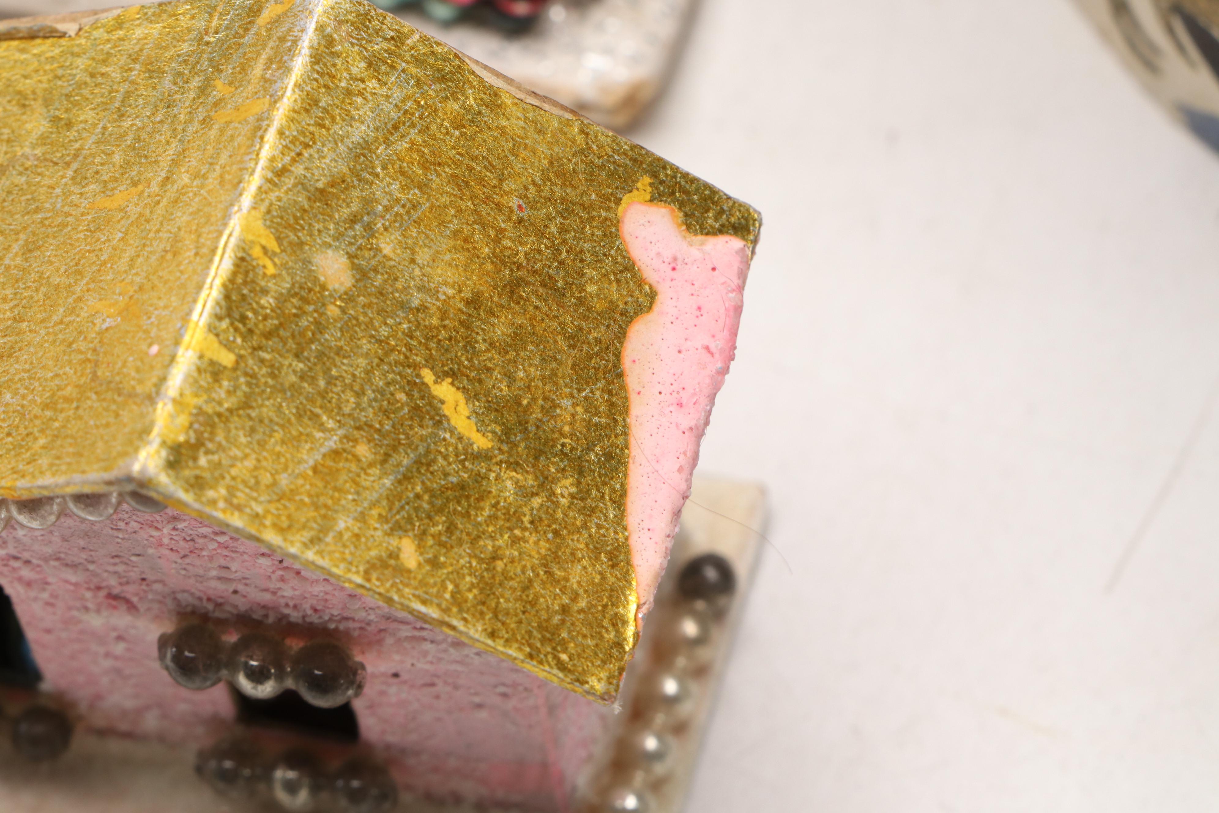 Christmas Miniature Cardboard Houses and Hangings, Mid-20th Century