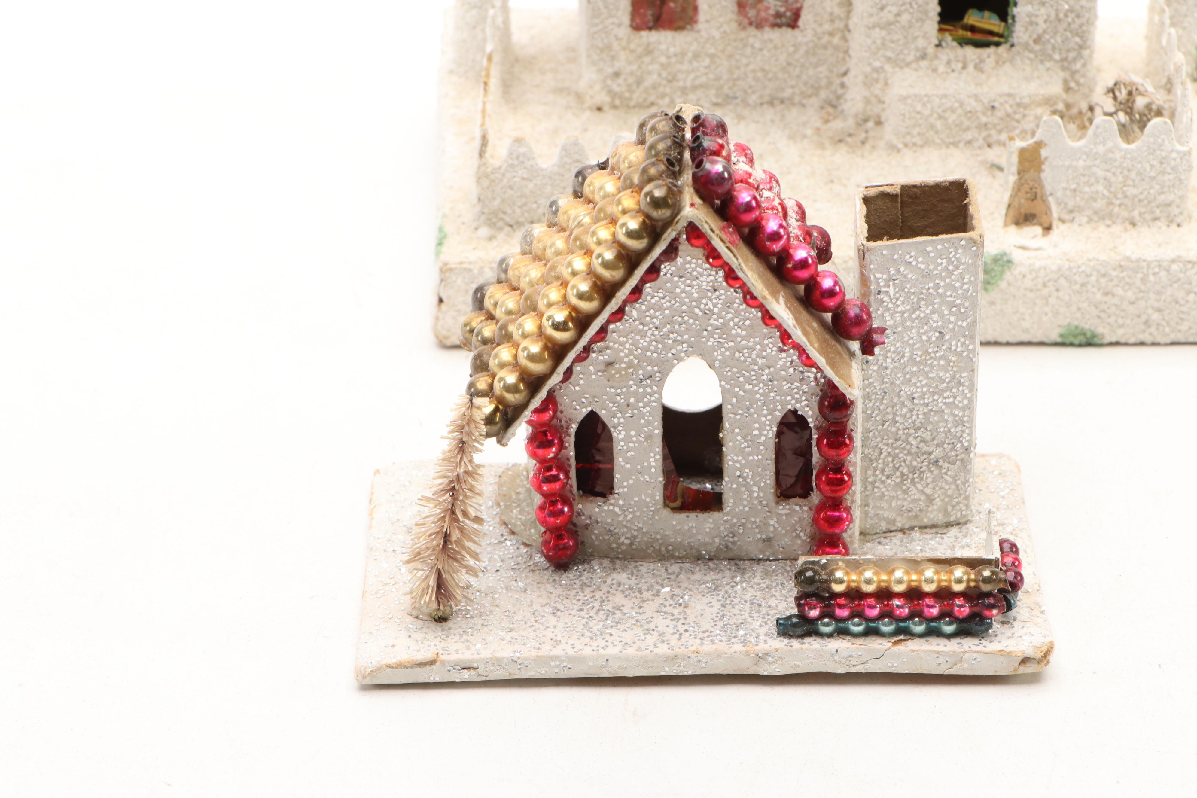 Christmas Miniature Cardboard Houses and Hangings, Mid-20th Century