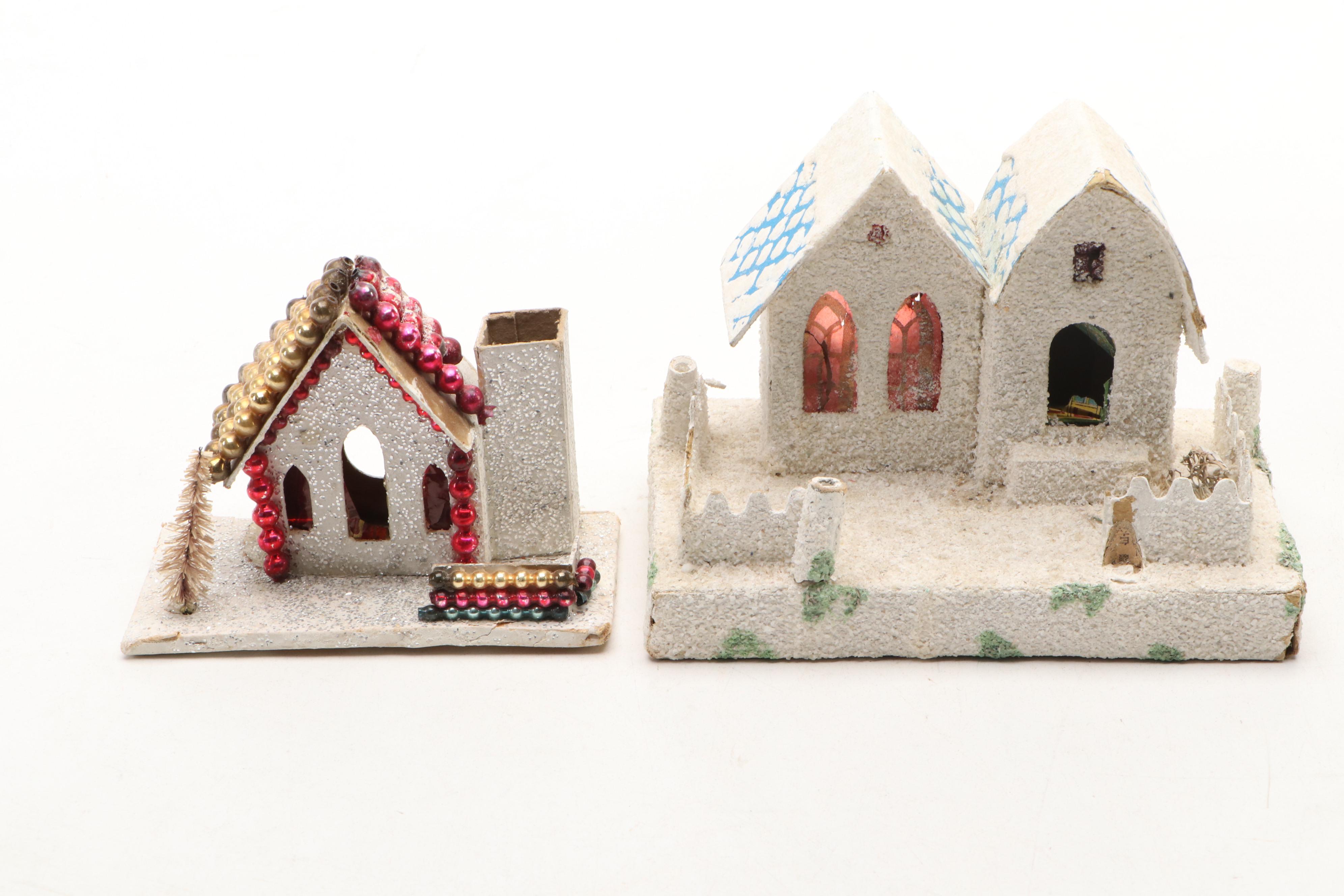 Christmas Miniature Cardboard Houses and Hangings, Mid-20th Century