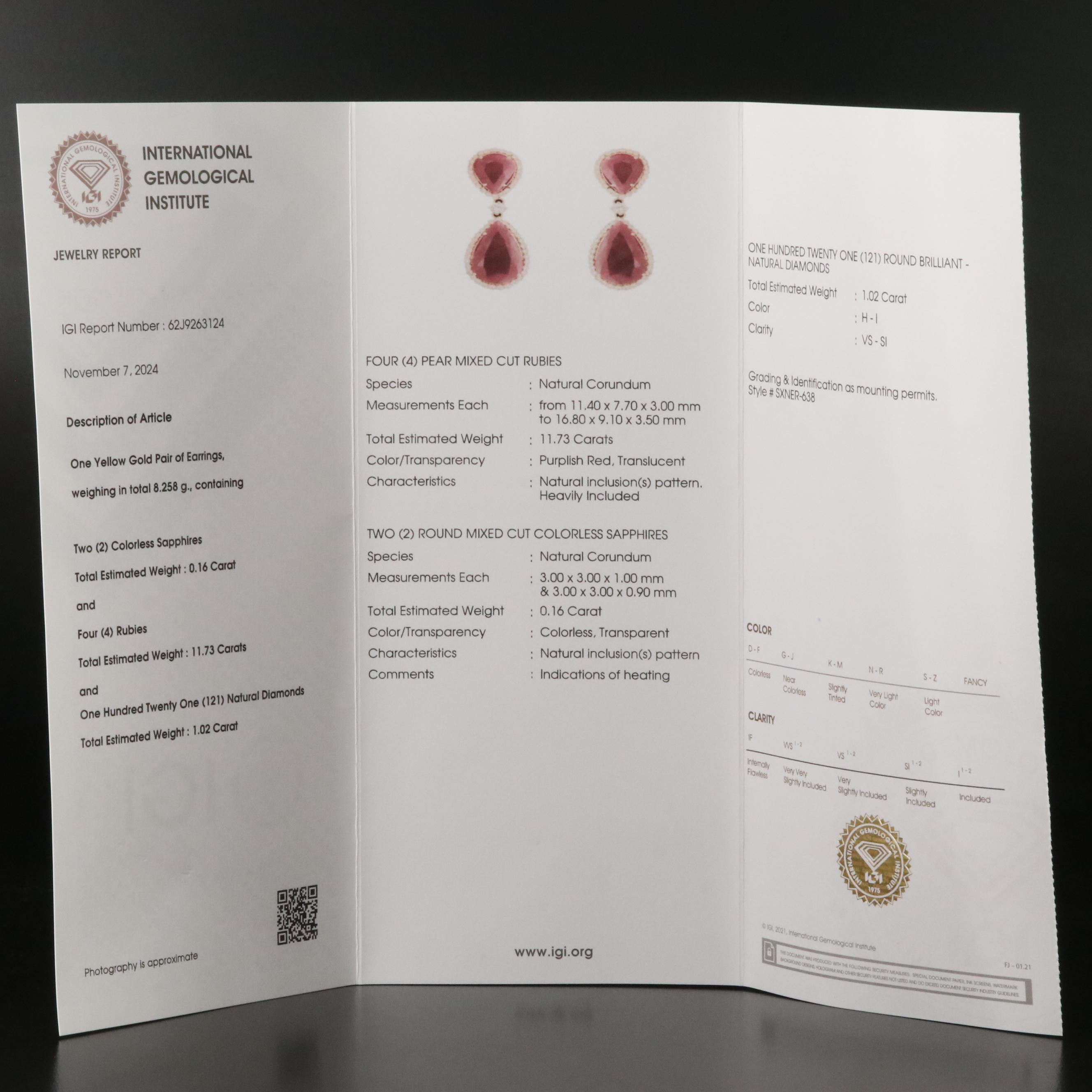 14K 11.73 CTW Ruby, White Sapphire and 1.02 CTW Diamond Earrings with IGI Report