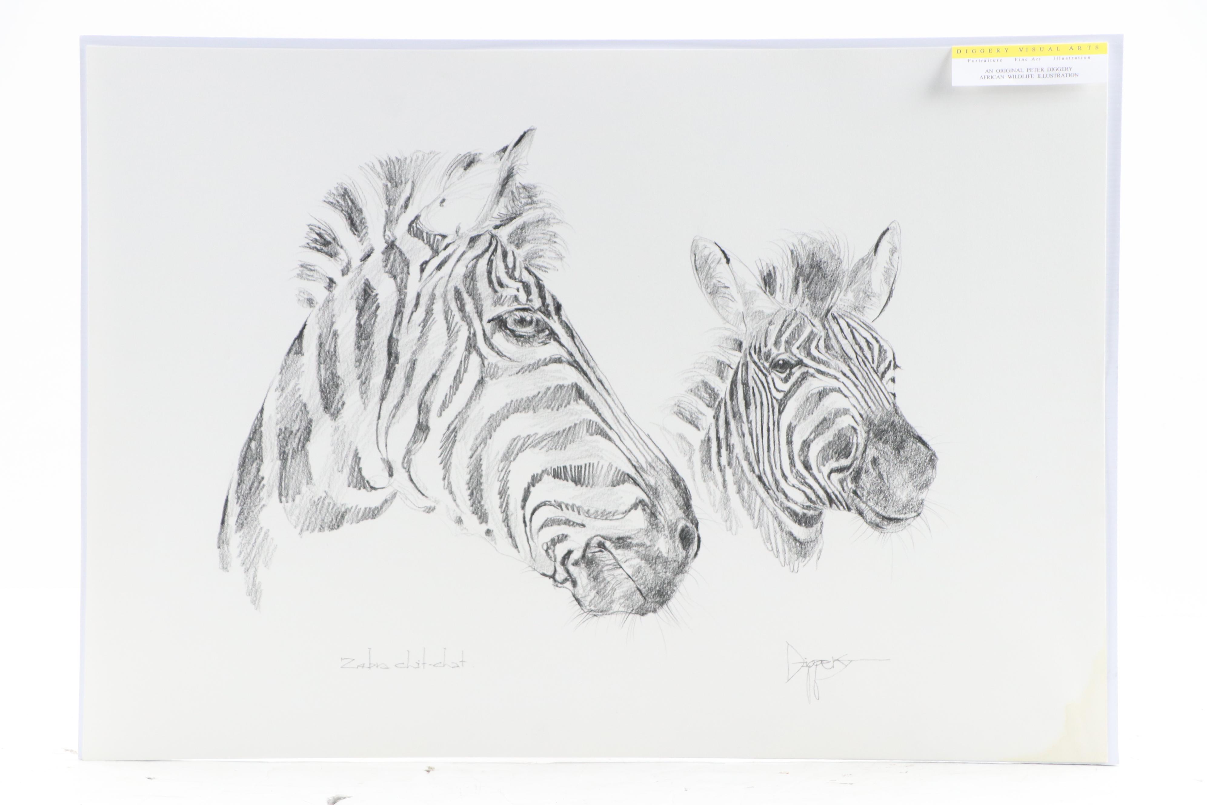 Pair of Peter Diggery Graphite Illustrations Including "Zebra Chit-Chat"