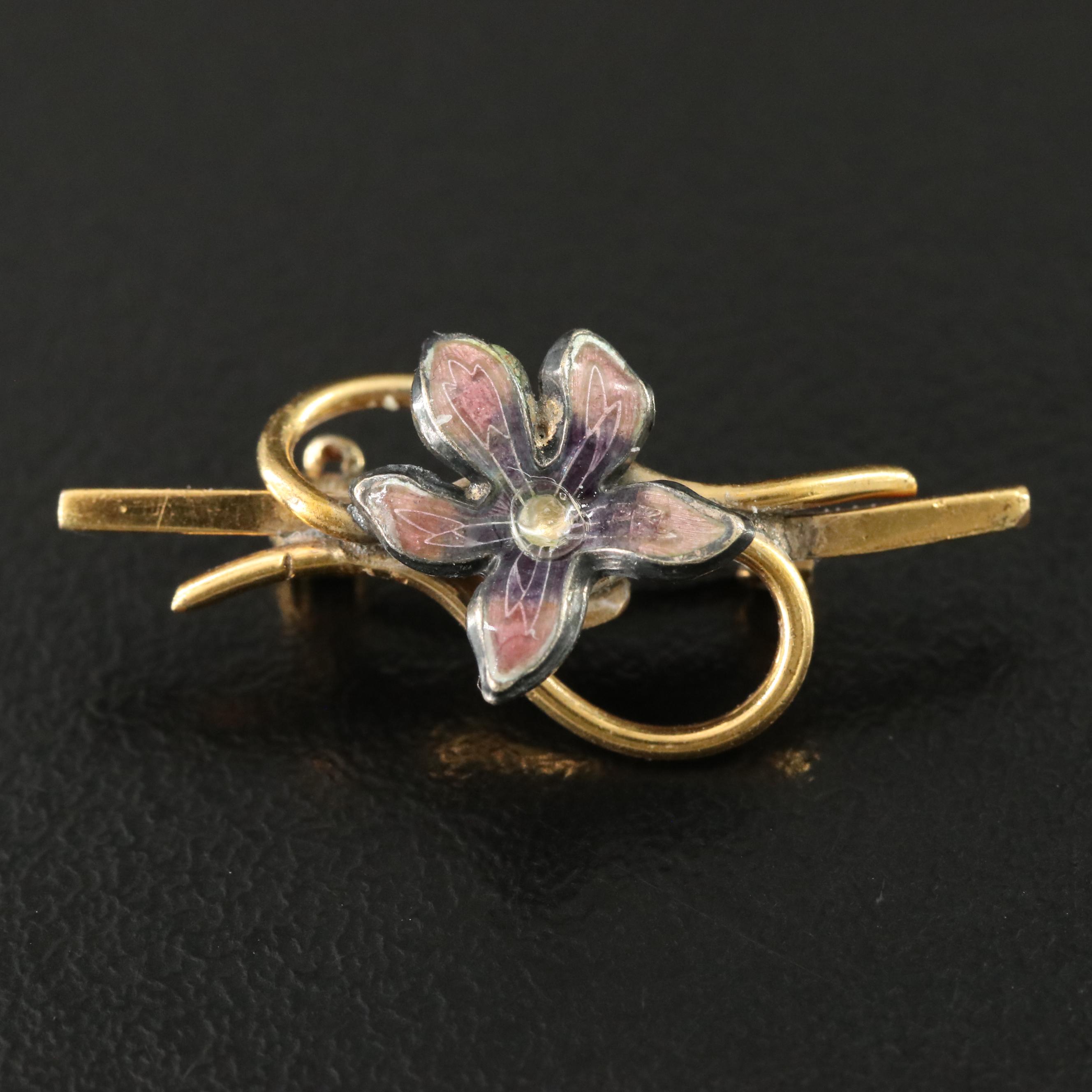 Vintage Wells Enamel Floral Pin with Sterling Accent