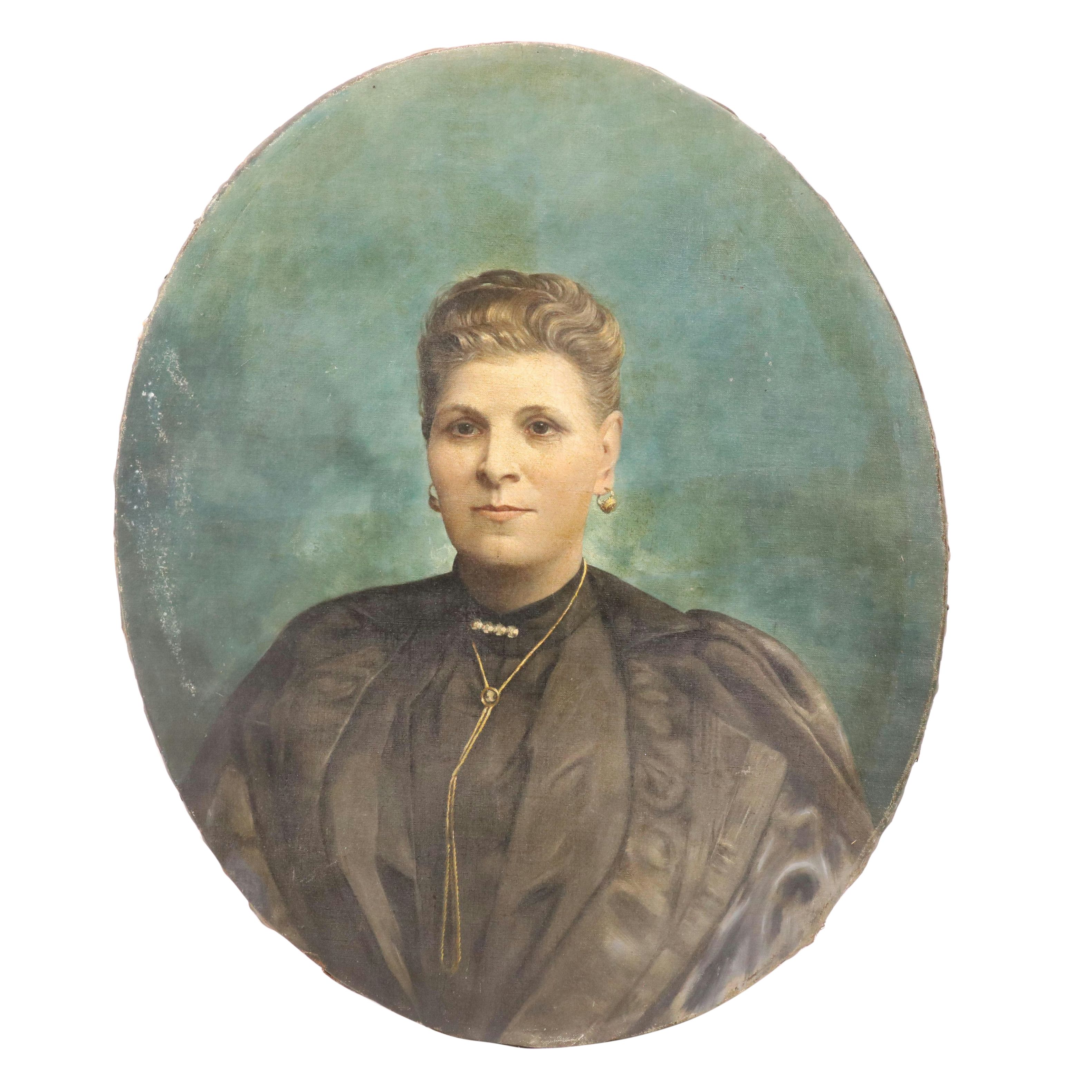 Portrait Oil Painting of a Woman in Black, Late 19th Century