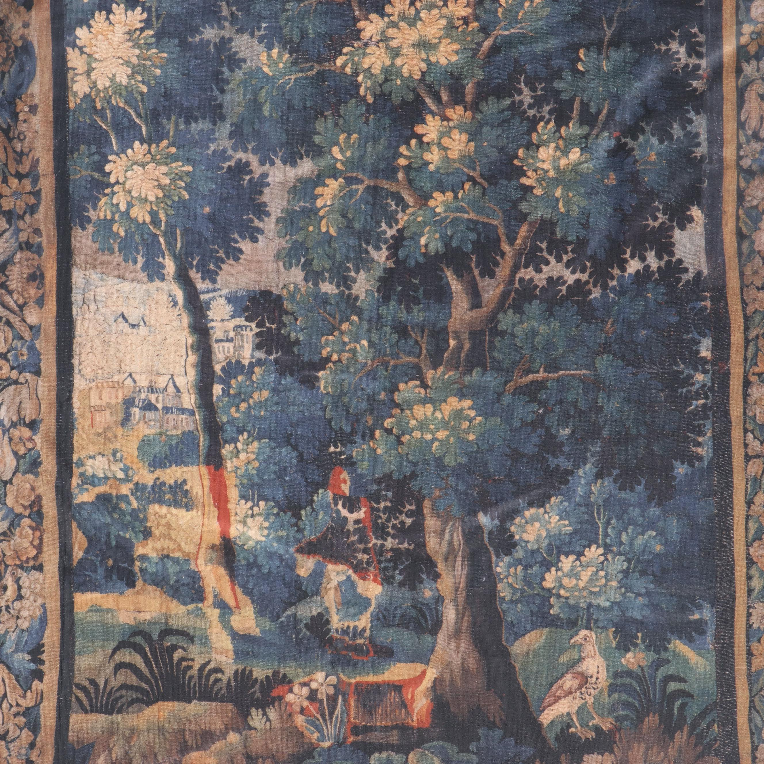 18th Century French Aubusson Verdure Style Wall Tapestry Print, Late 20th C