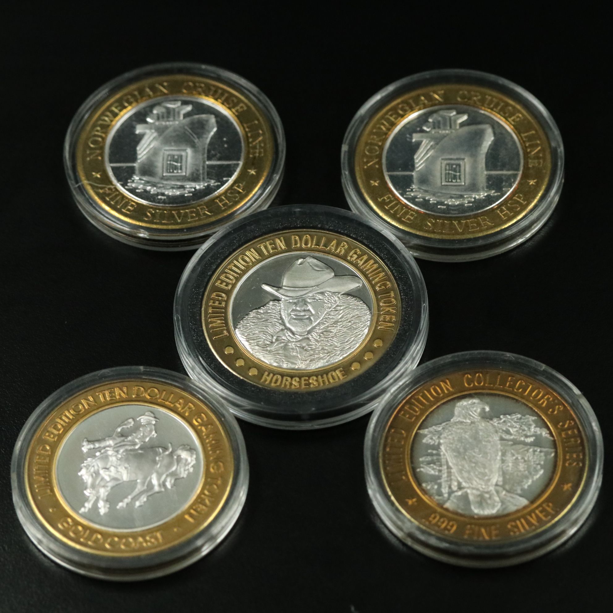 Five Casino Tokens with .999 Silver Centers