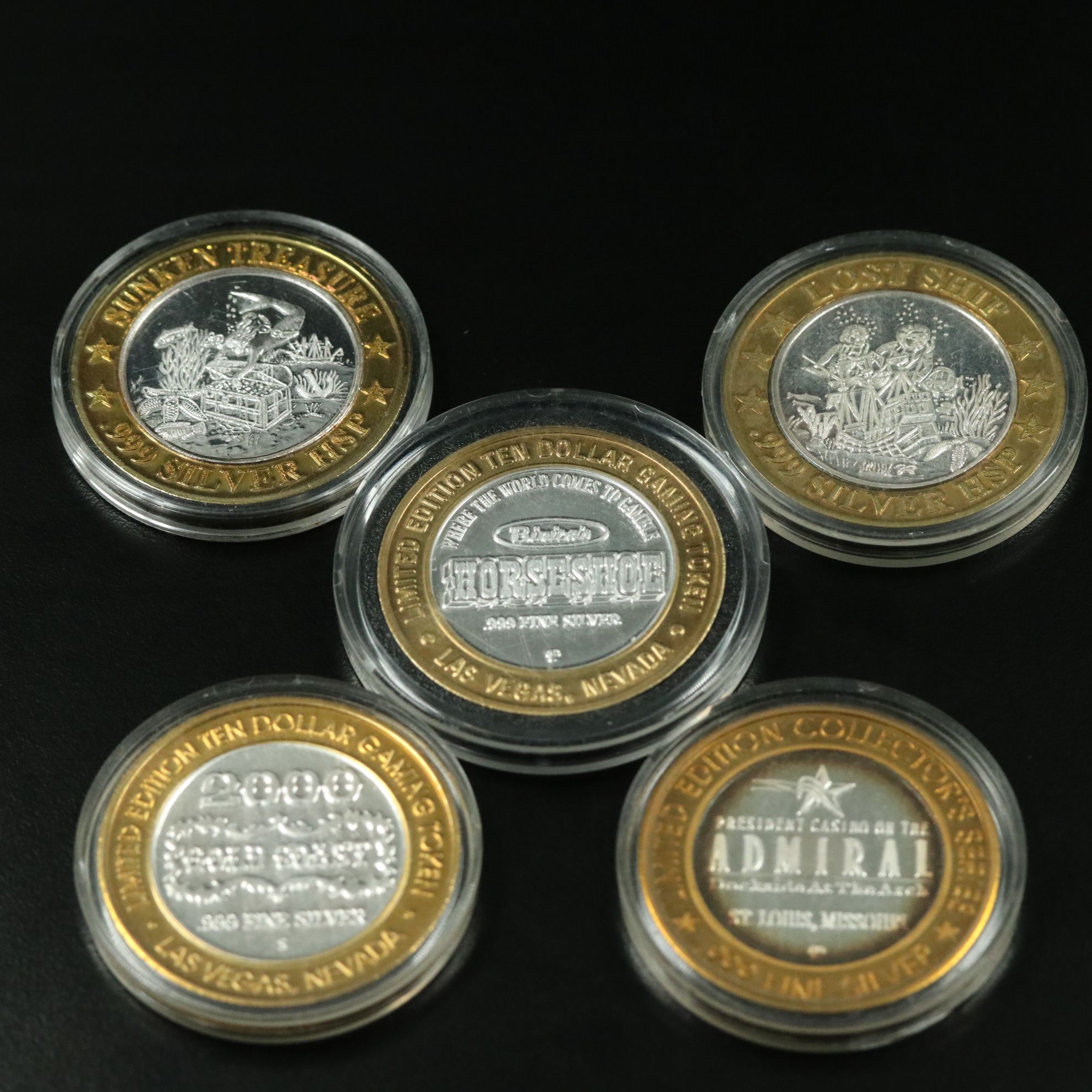 Five Casino Tokens with .999 Silver Centers