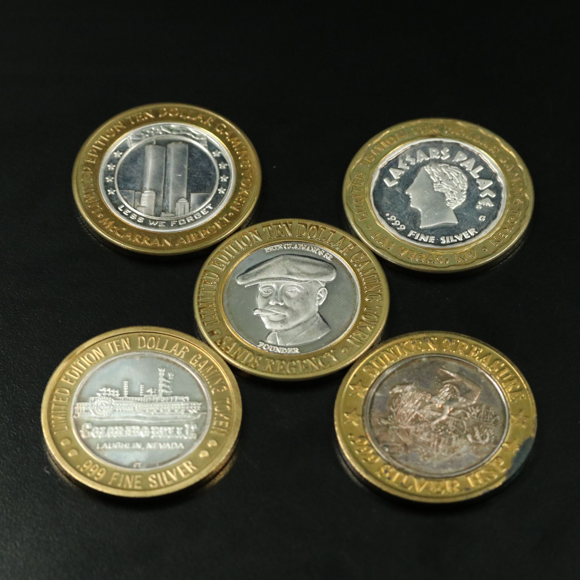 Five Ten Dollar Casino Tokens with .999 Silver Centers