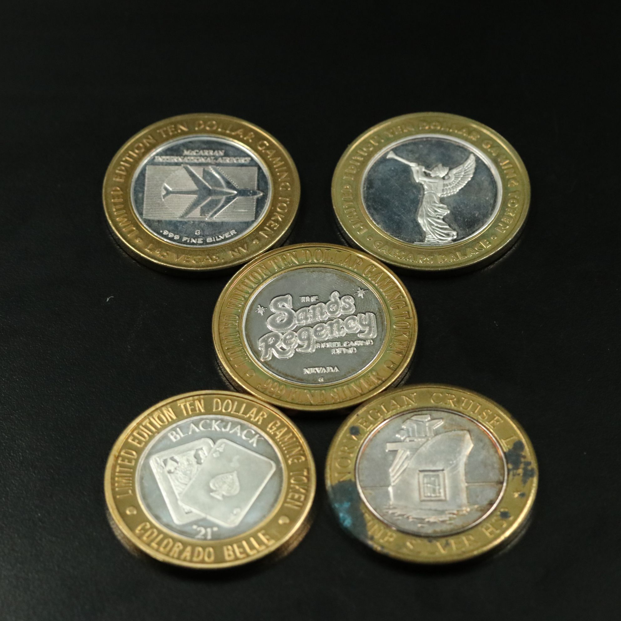 Five Ten Dollar Casino Tokens with .999 Silver Centers
