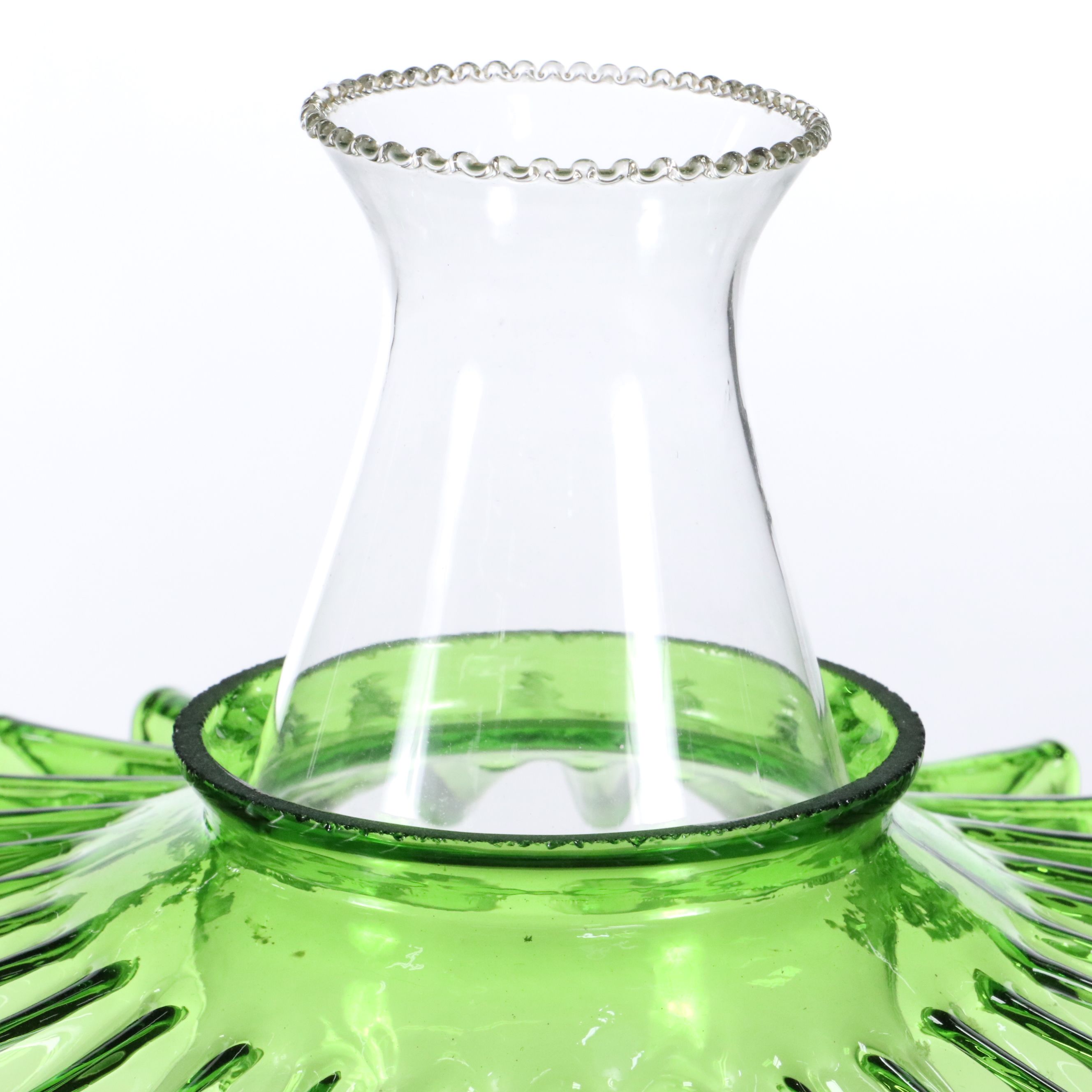 Olive Green Pressed Glass Oil Lamp with Plume & Atwood Burner, Petticoat Shade