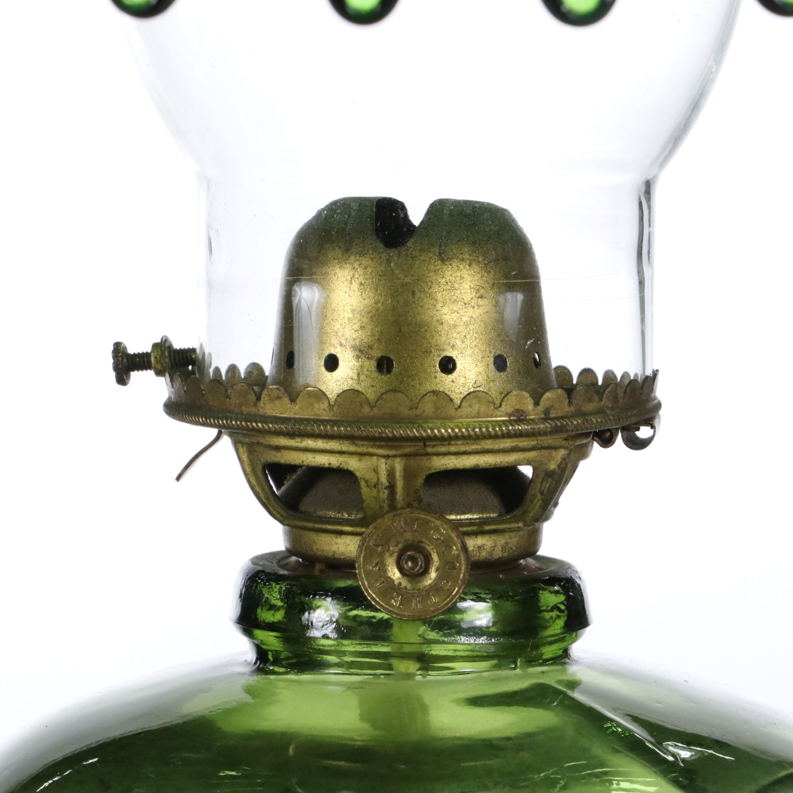 Olive Green Pressed Glass Oil Lamp with Plume & Atwood Burner, Petticoat Shade