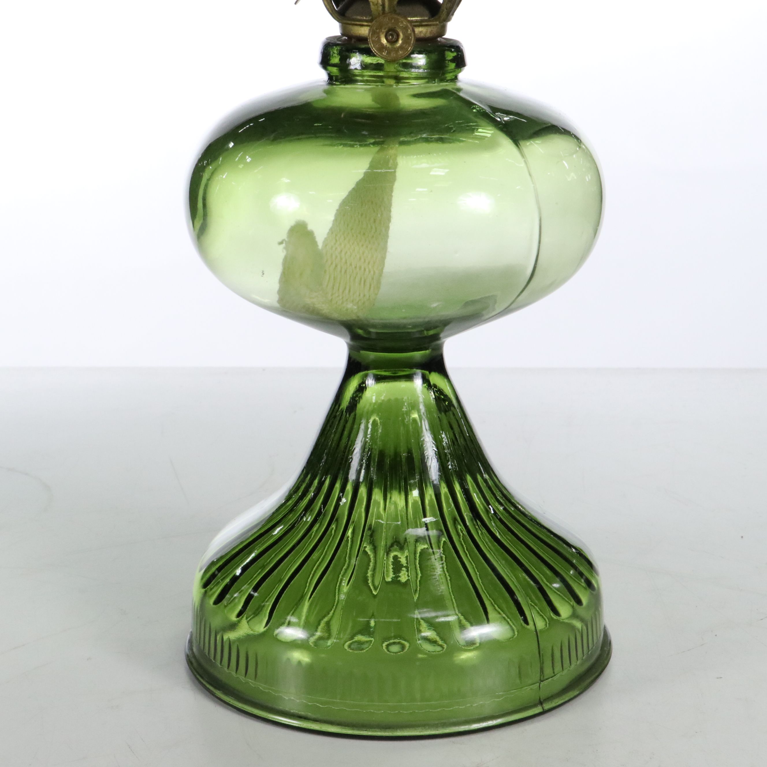 Olive Green Pressed Glass Oil Lamp with Plume & Atwood Burner, Petticoat Shade