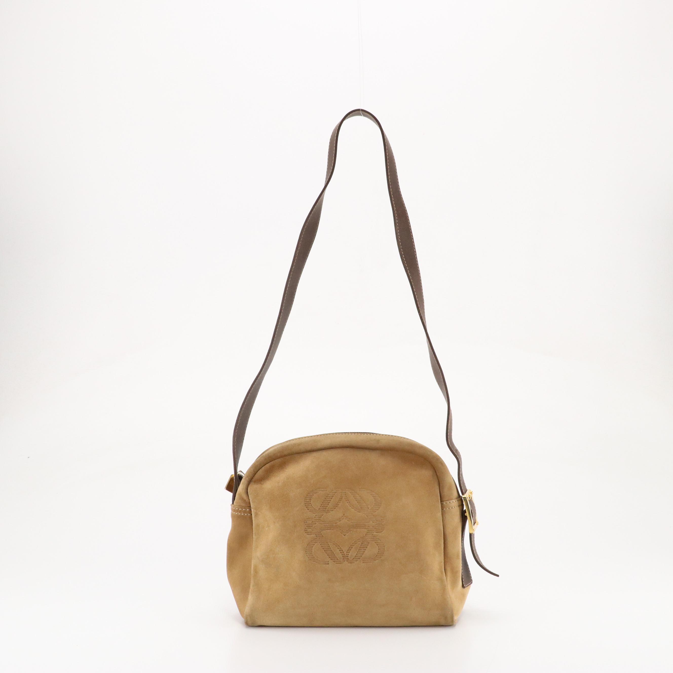 Loewe Domed Shoulder Bag in Tan Anagram Embossed Suede and Brown Leather Trim