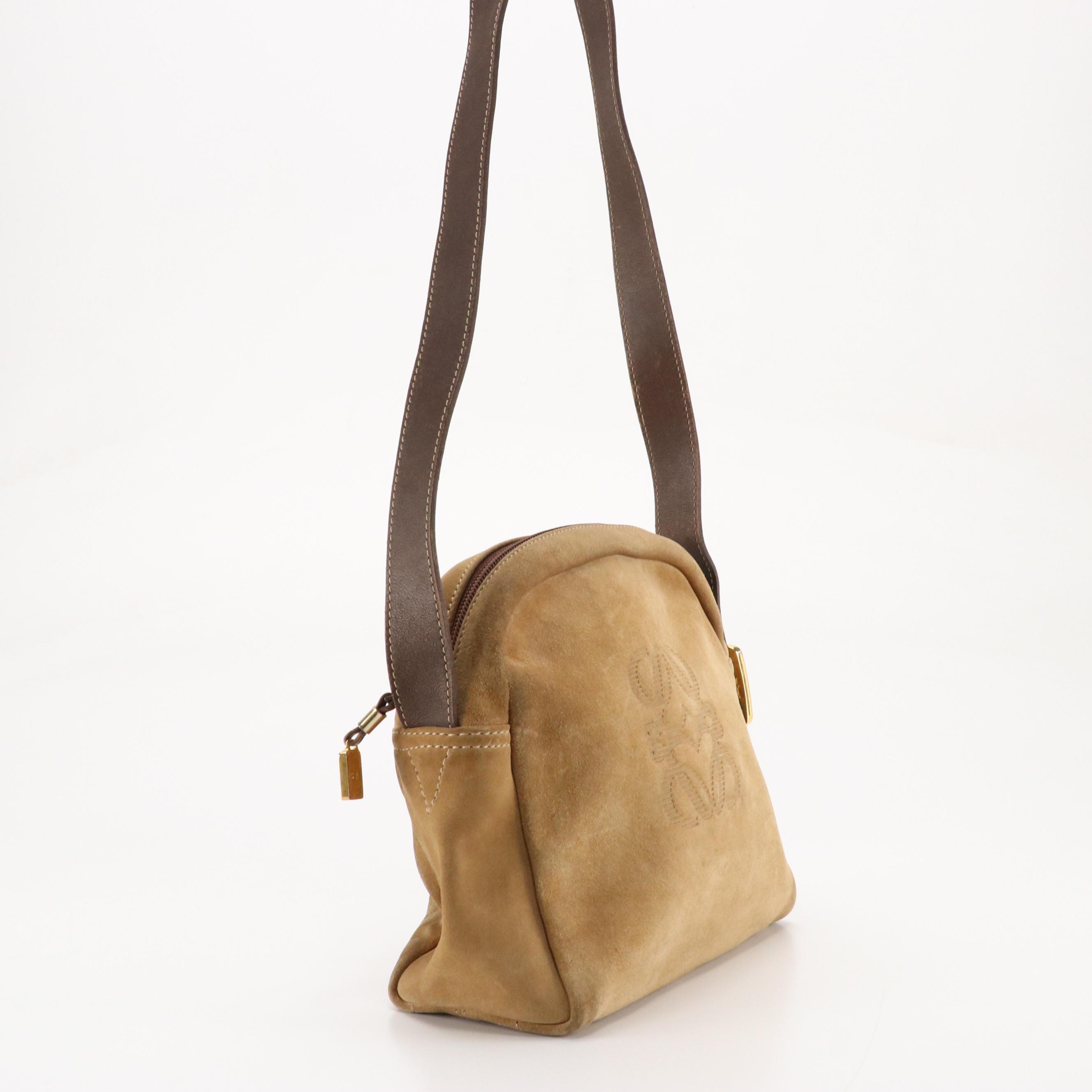 Loewe Domed Shoulder Bag in Tan Anagram Embossed Suede and Brown Leather Trim