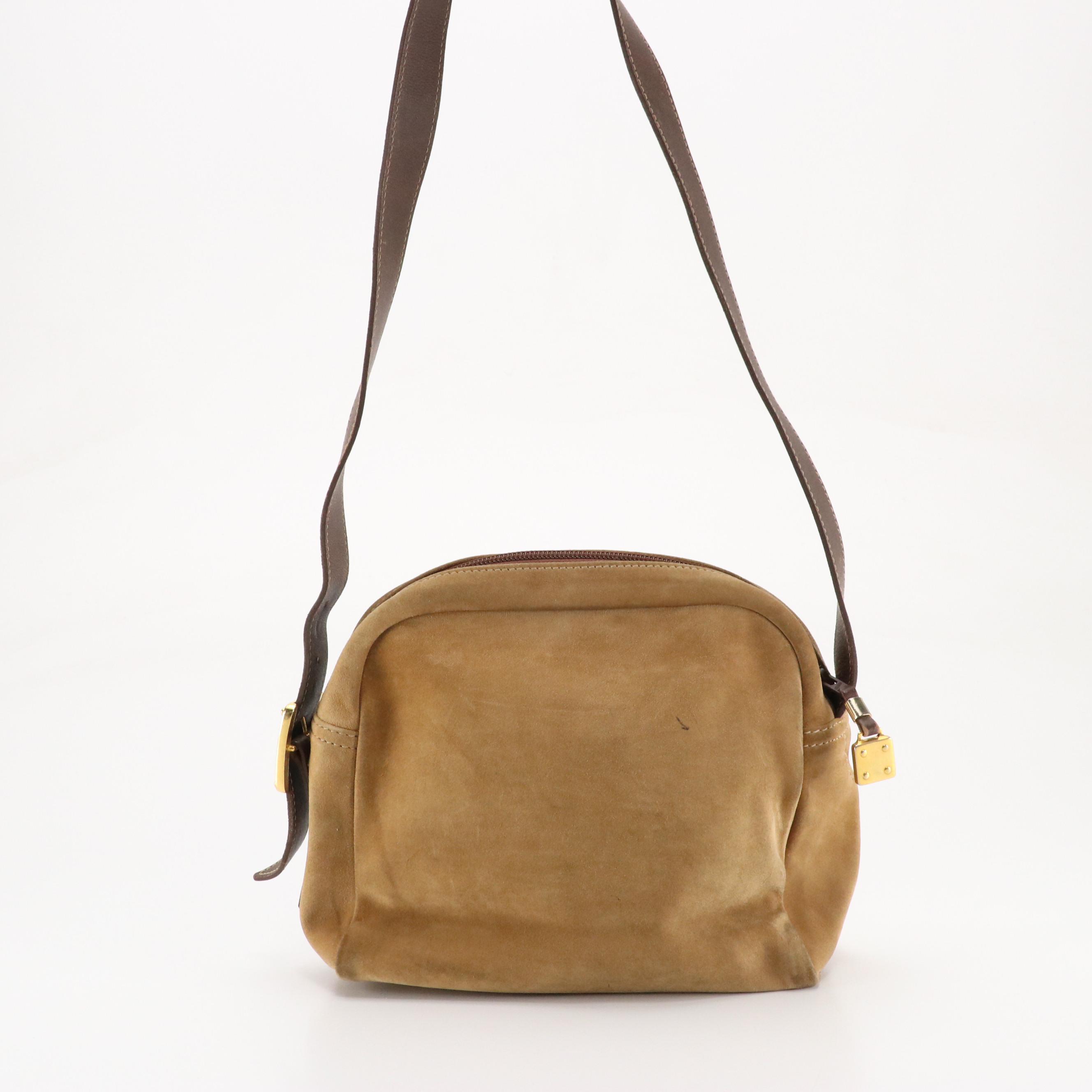 Loewe Domed Shoulder Bag in Tan Anagram Embossed Suede and Brown Leather Trim