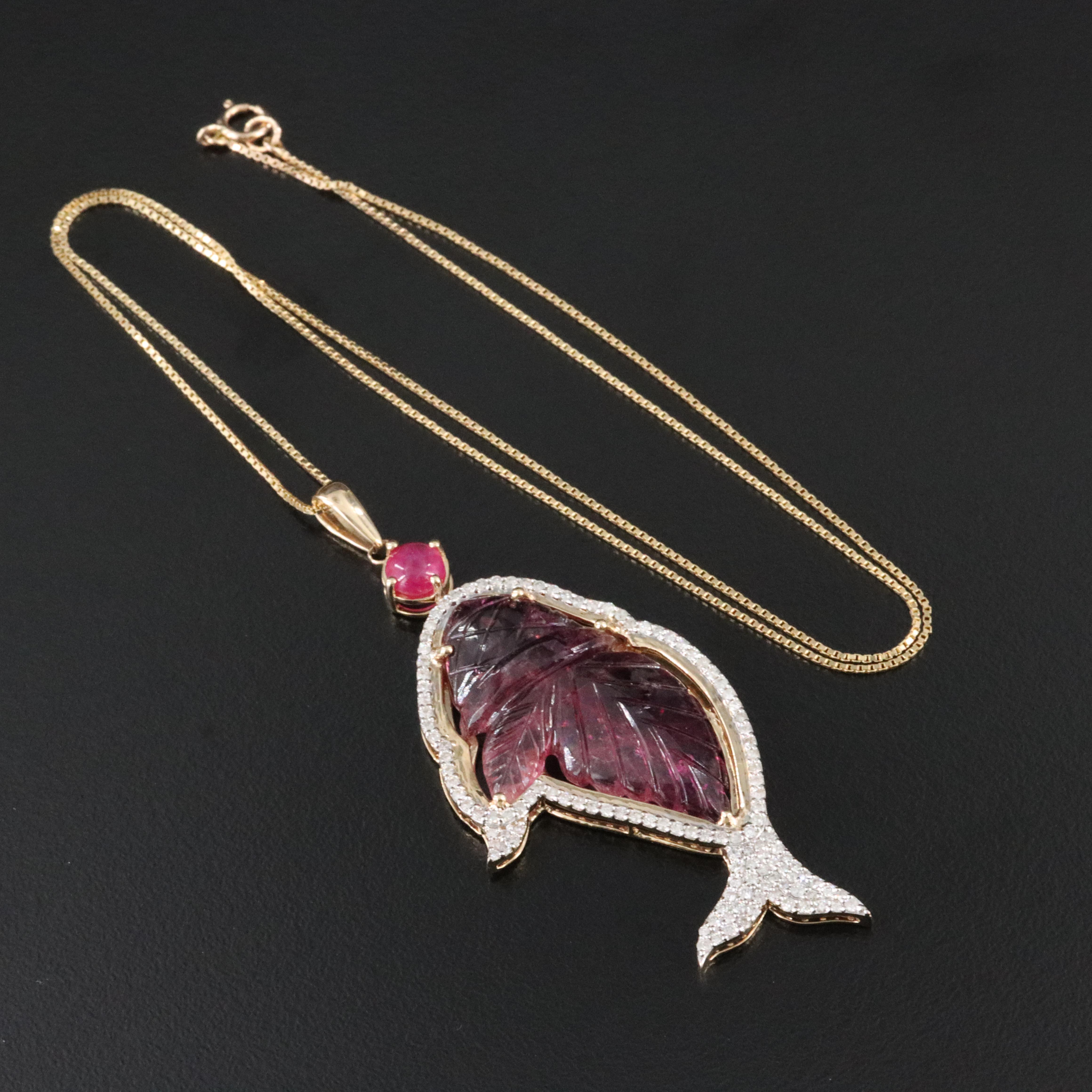 14K 15.08 CT Rubellite, Ruby and Diamond Pendant Necklace with IGI Report