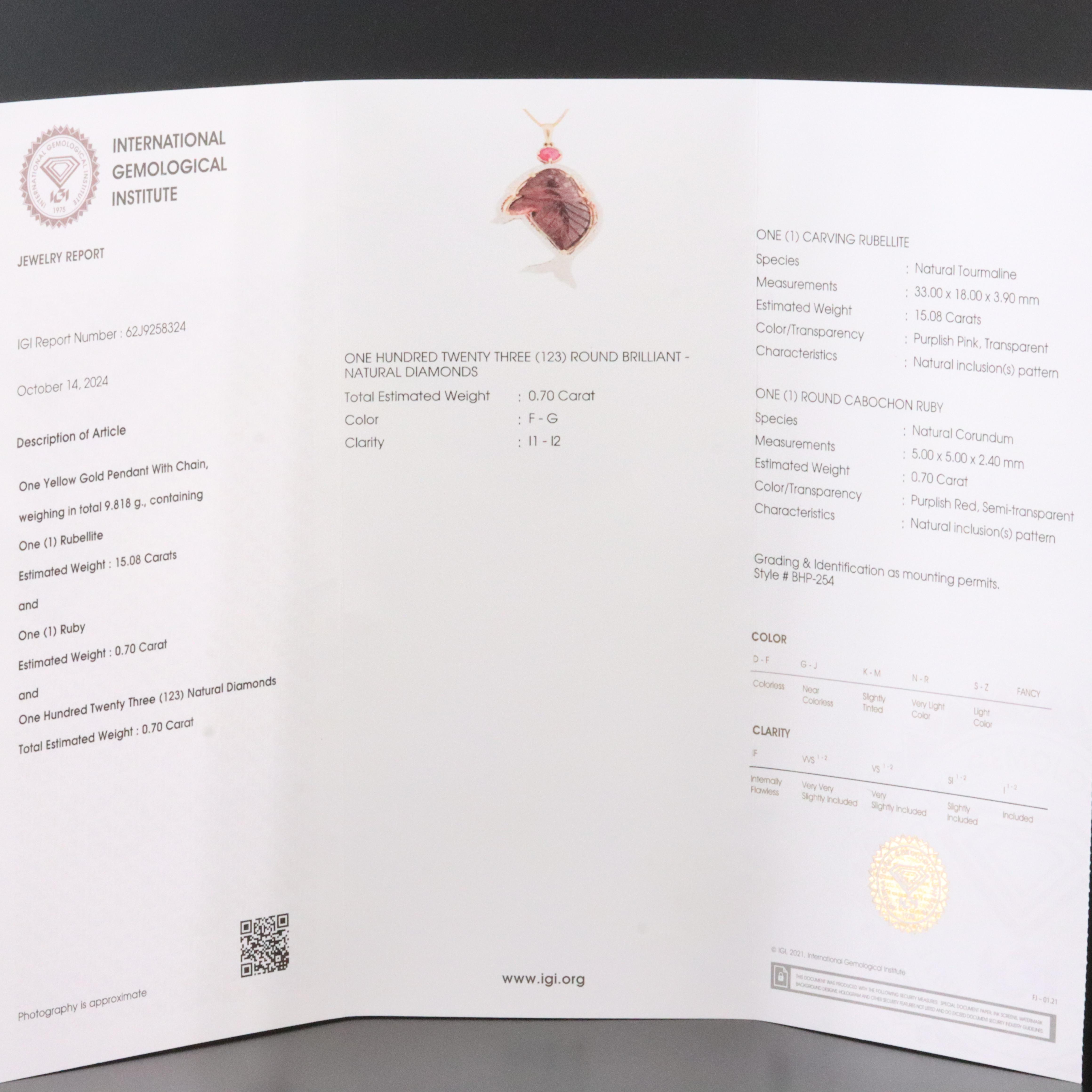 14K 15.08 CT Rubellite, Ruby and Diamond Pendant Necklace with IGI Report