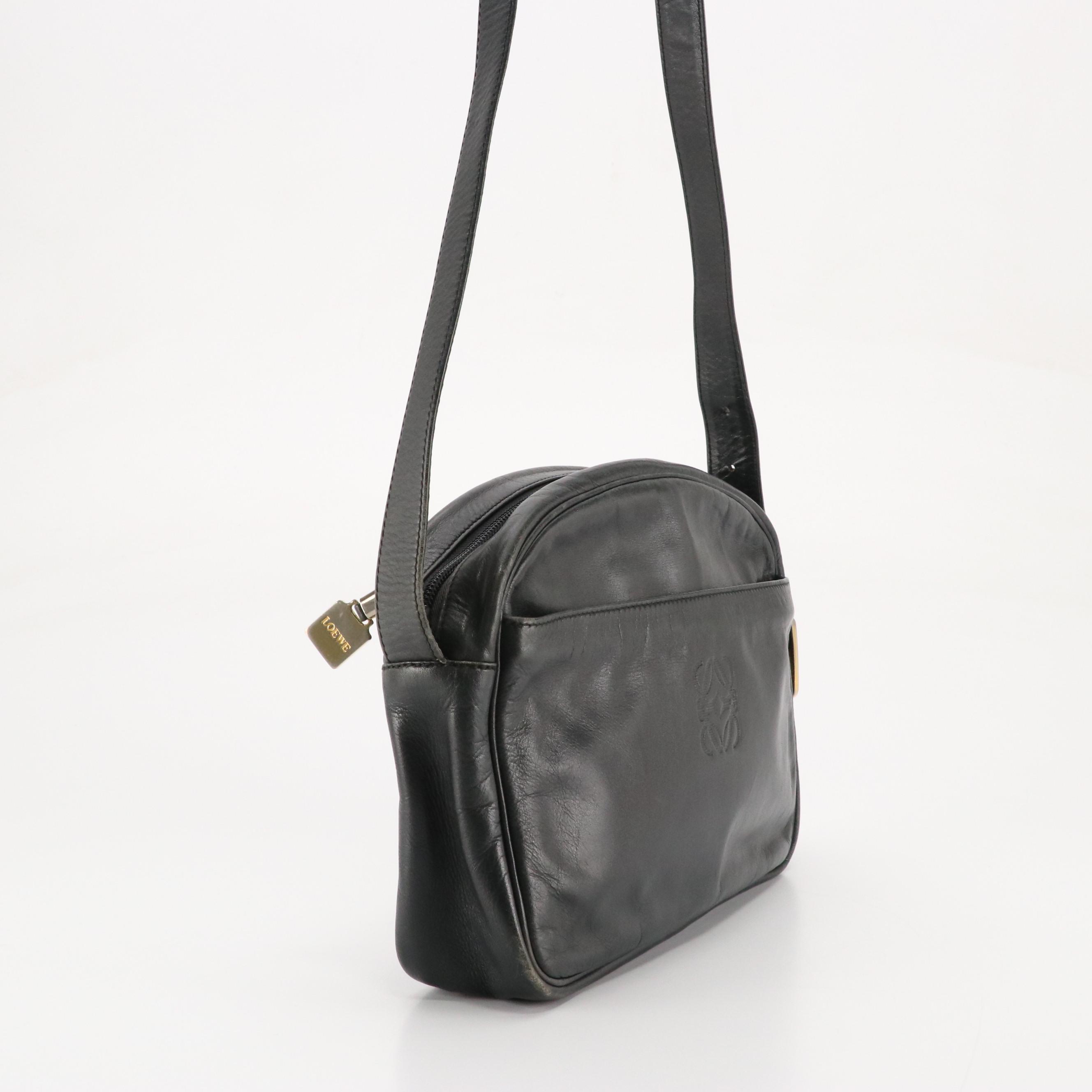 Loewe Anagram Embossed Shoulder Bag in Dark Navy Calfskin Leather