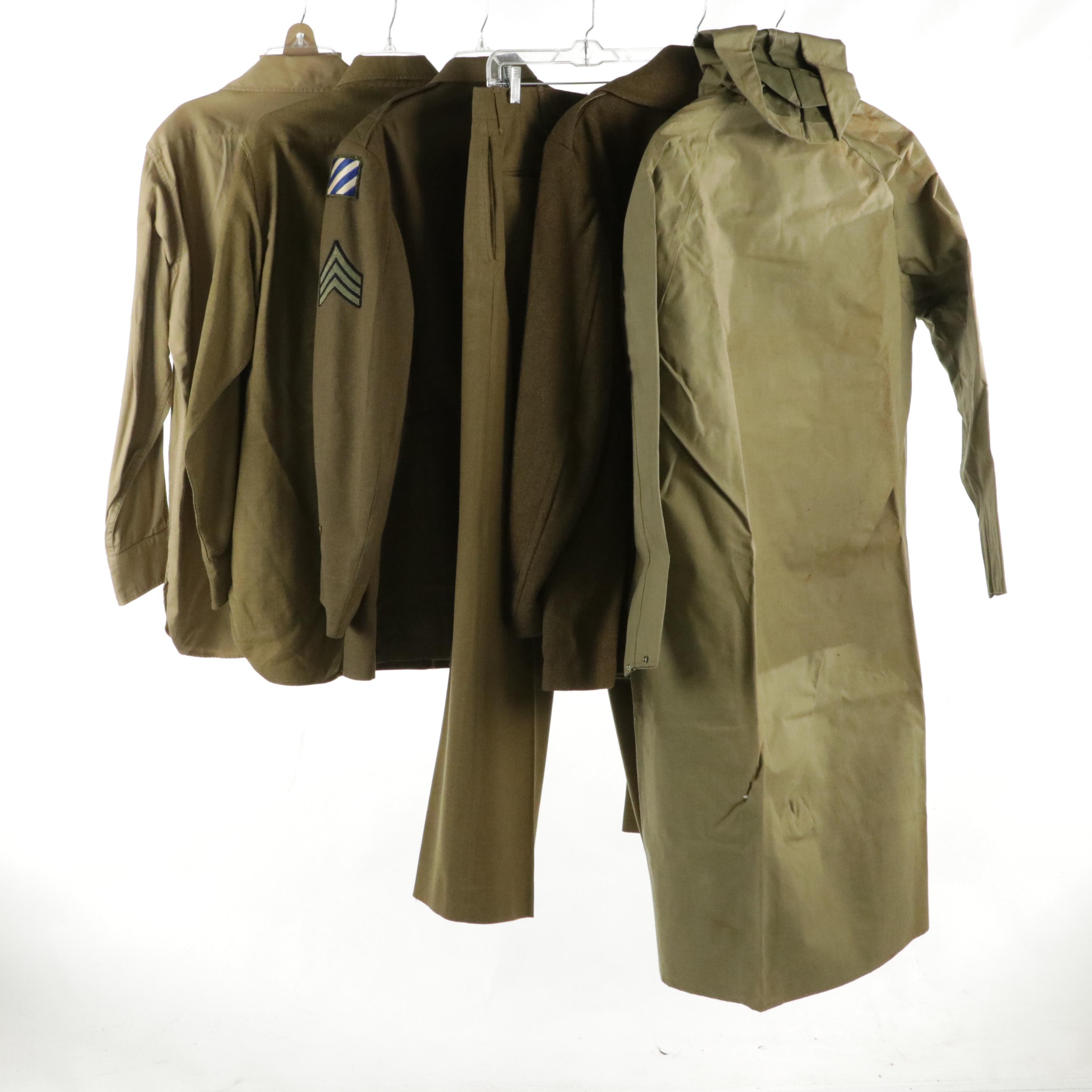 WWII Era US Army Service Dress Uniform, Overcoat, and Rubber-Lined Slicker