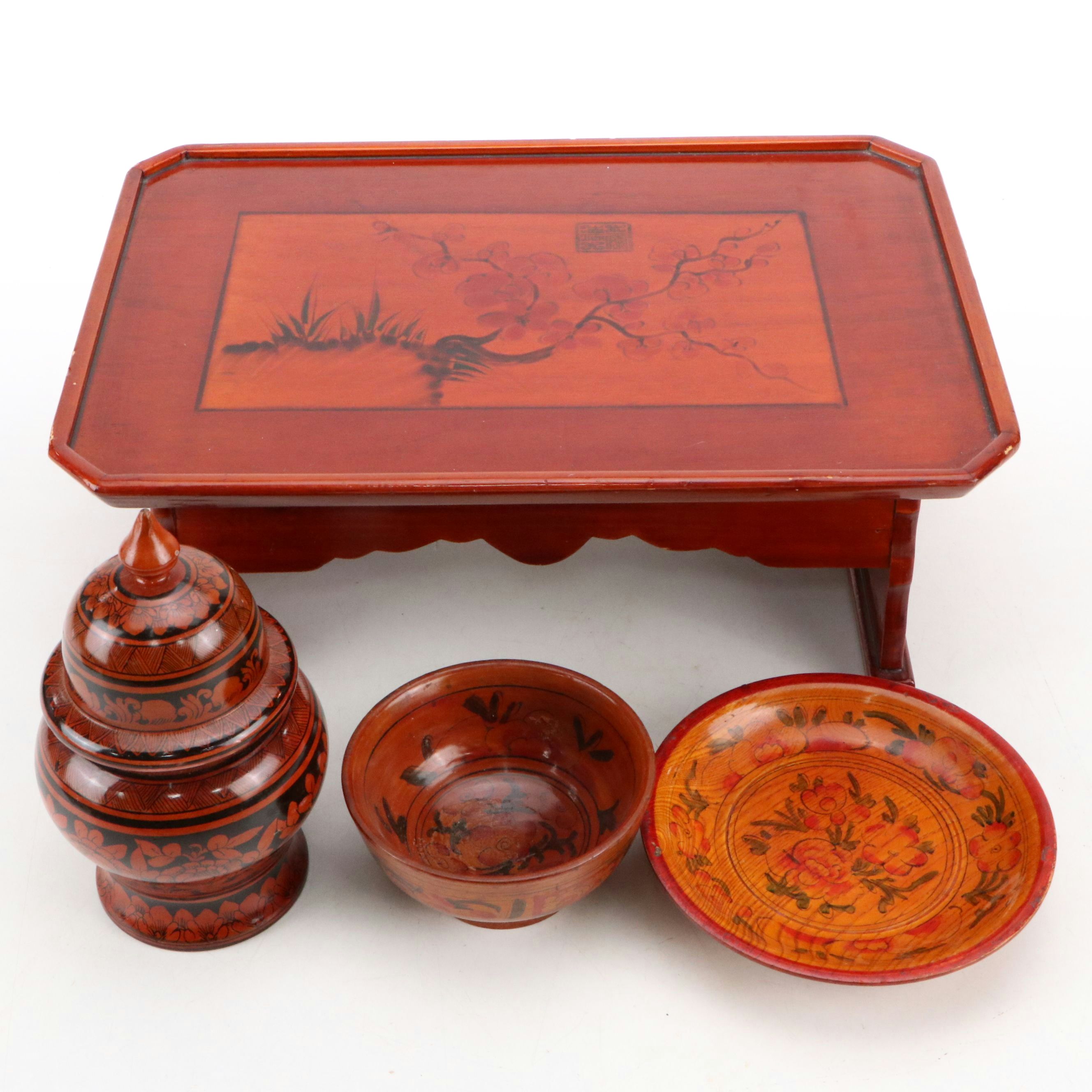 Redware Ginger Jar & Bowl, Wooden Tray, Wax Seal Hand-Painted Wood Bowl