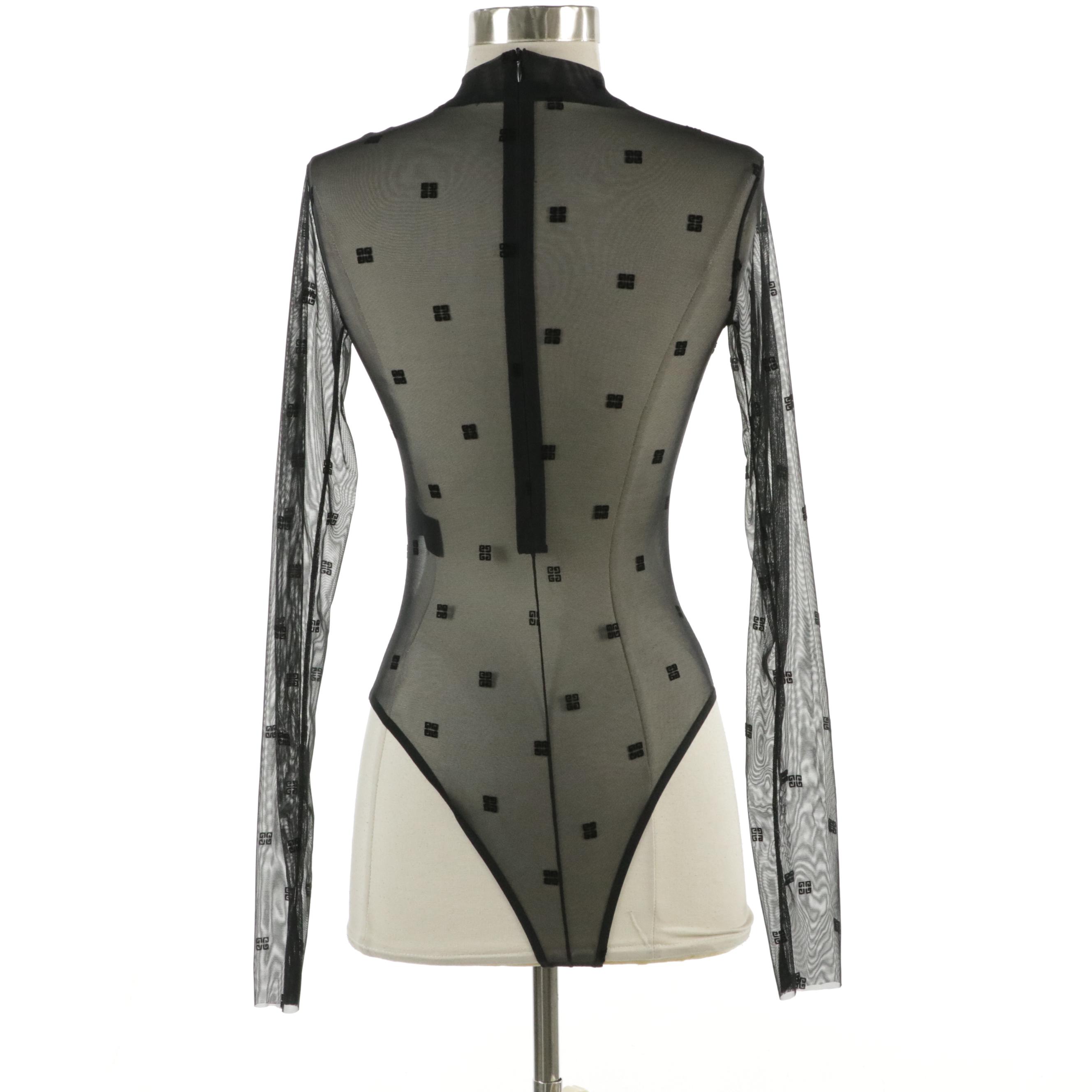 Givenchy Mock Neck Bodysuit in 4G Jacquard Mesh Tulle