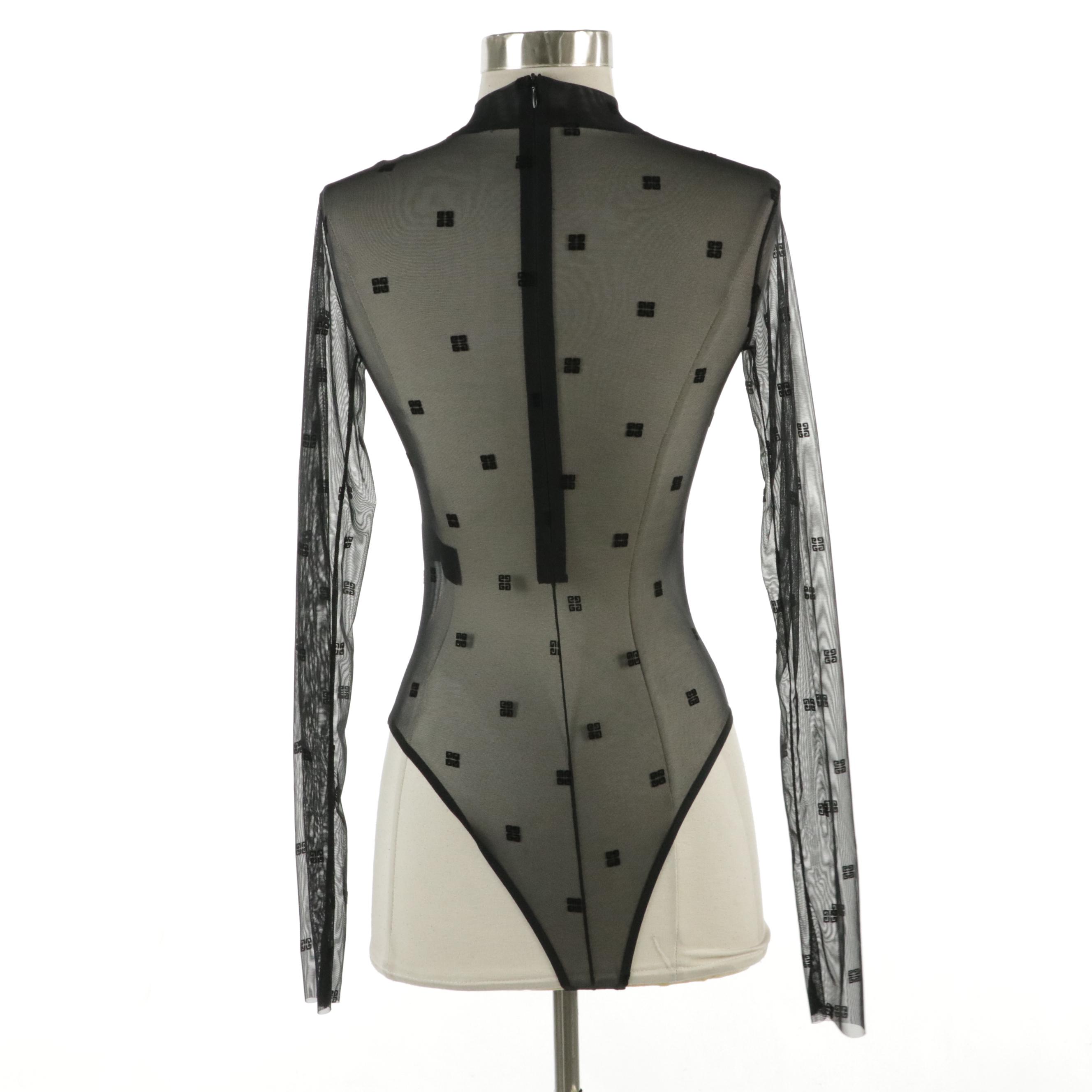 Givenchy Mock Neck Bodysuit in 4G Jacquard Mesh Tulle