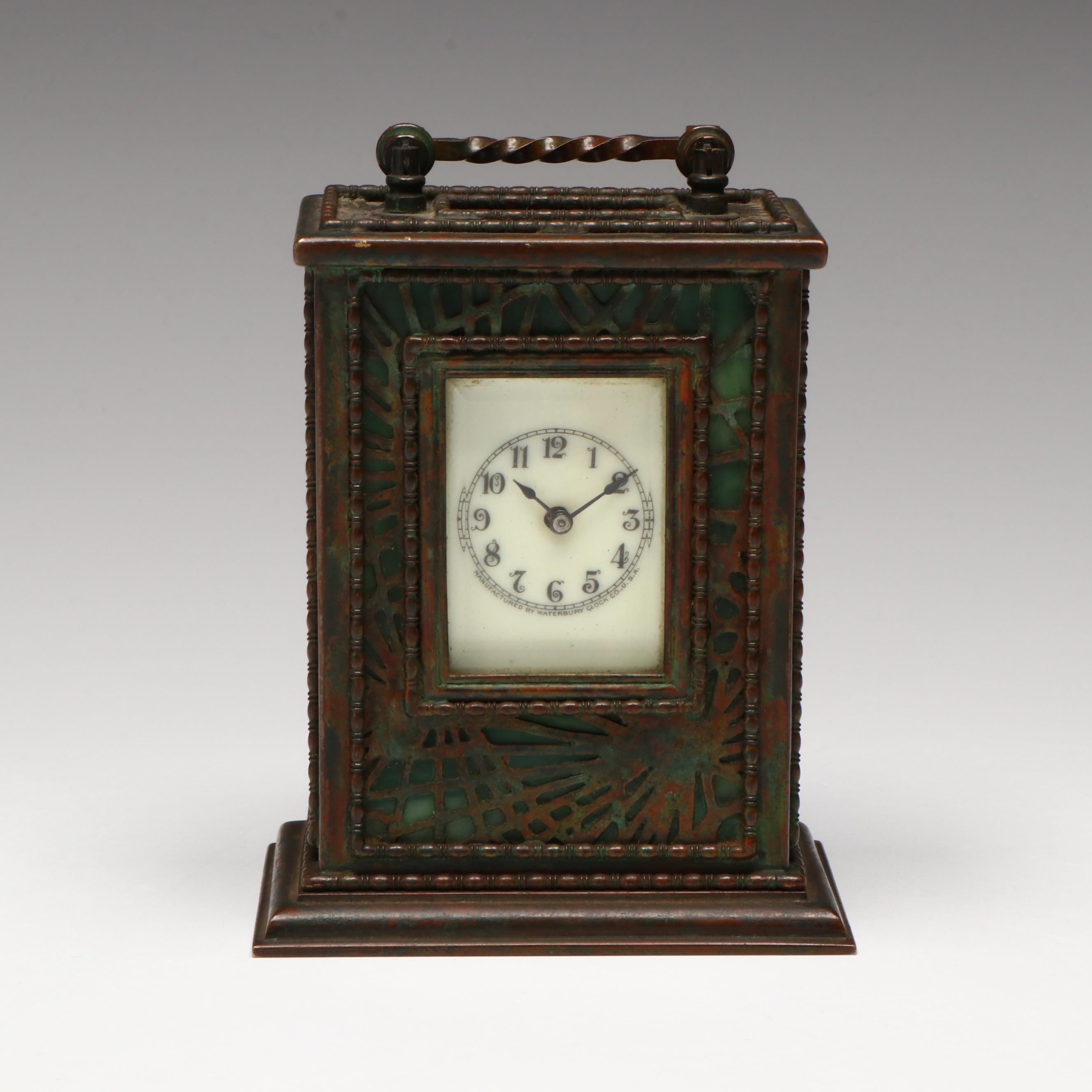 Tiffany Studios "Grapevine" Bronze and Green Slag Glass Clock