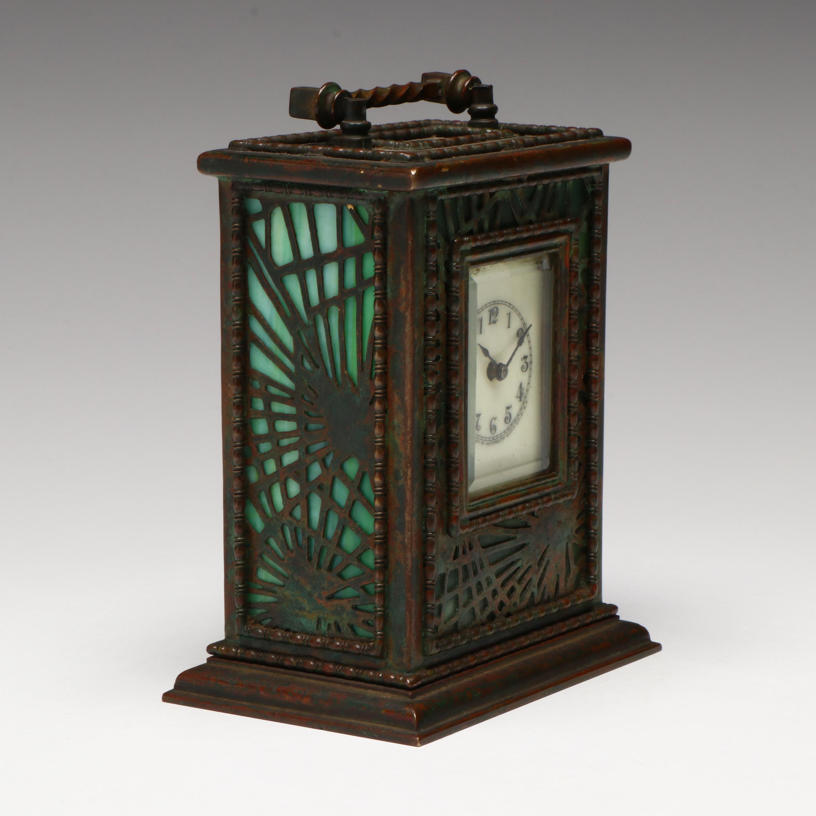 Tiffany Studios "Grapevine" Bronze and Green Slag Glass Clock