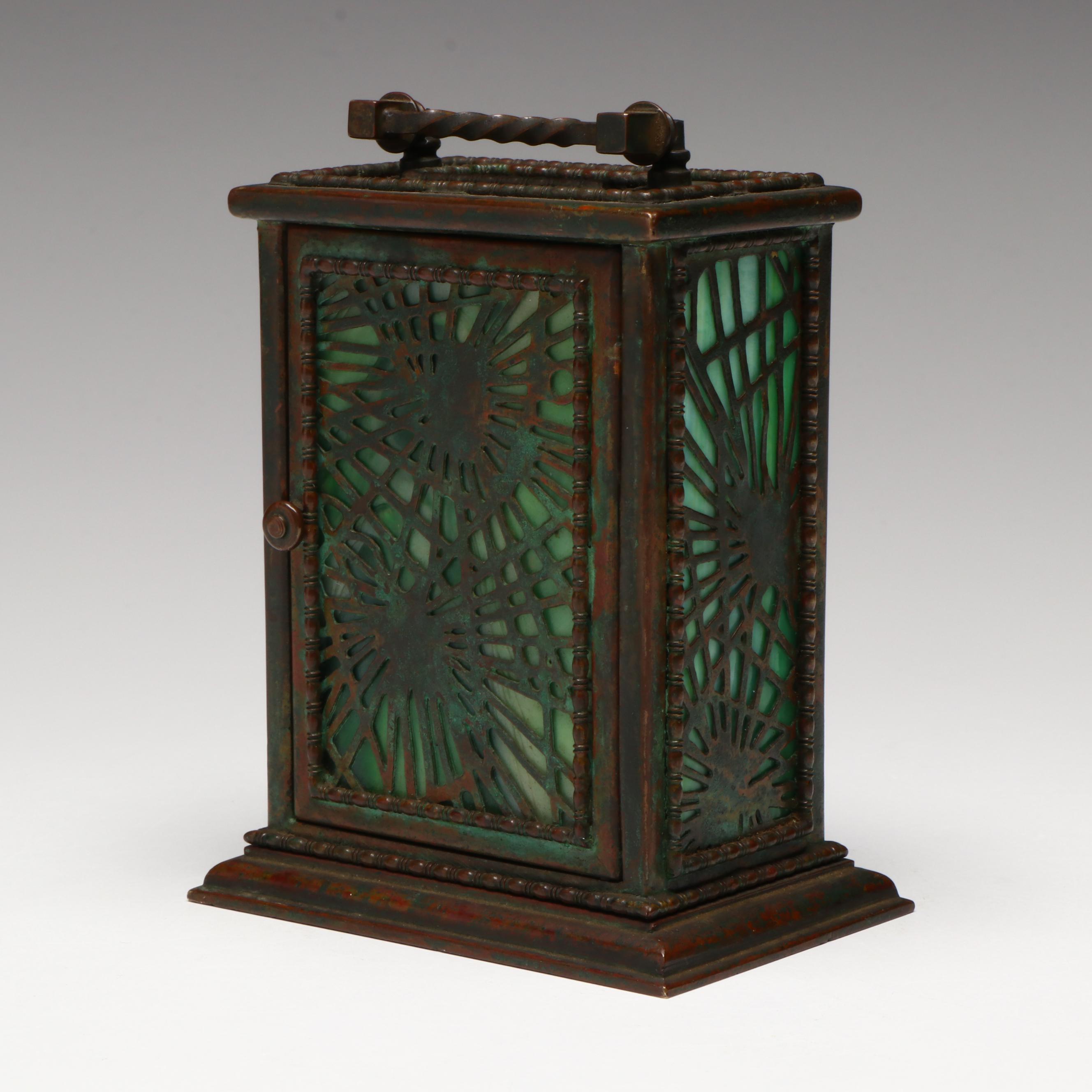 Tiffany Studios "Grapevine" Bronze and Green Slag Glass Clock