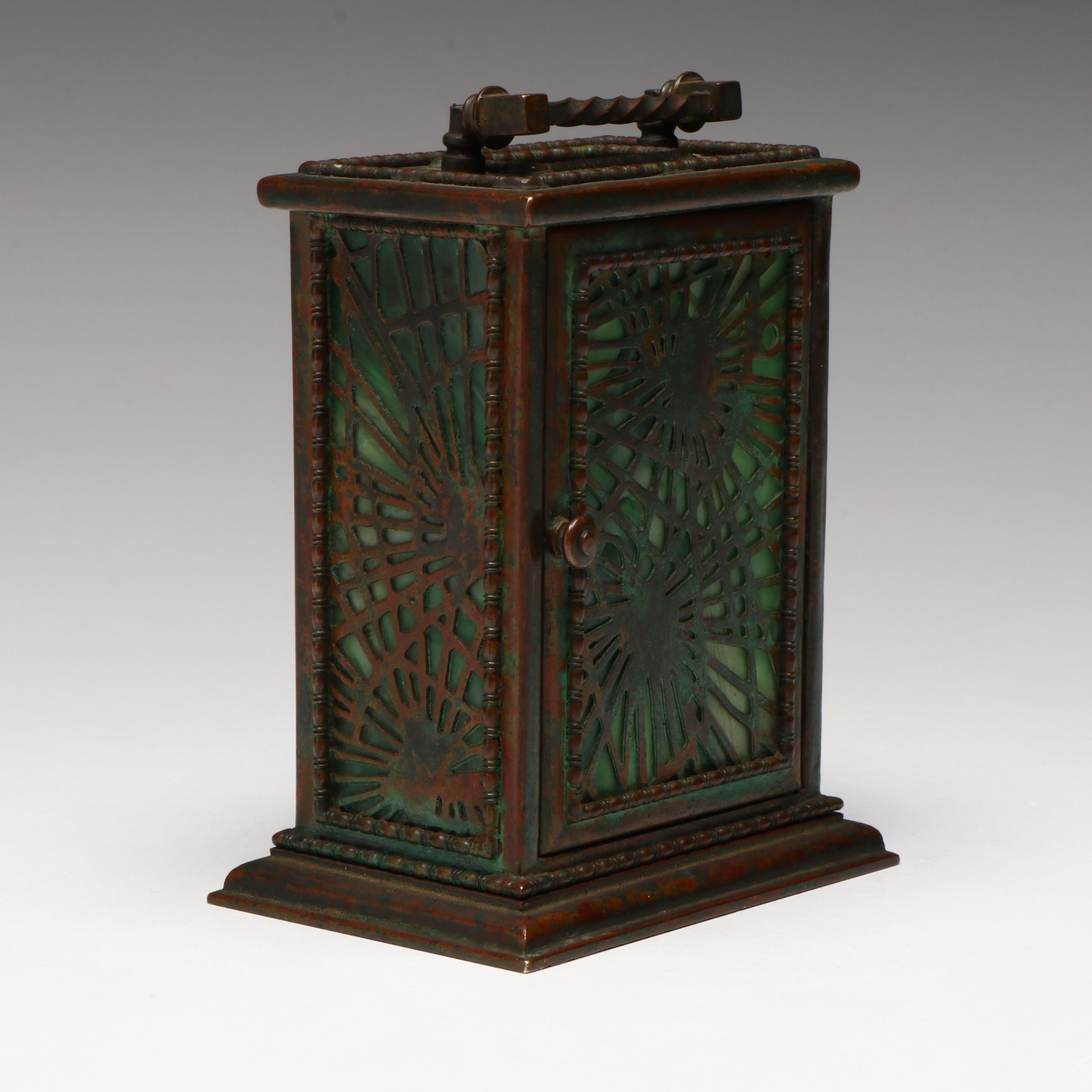 Tiffany Studios "Grapevine" Bronze and Green Slag Glass Clock