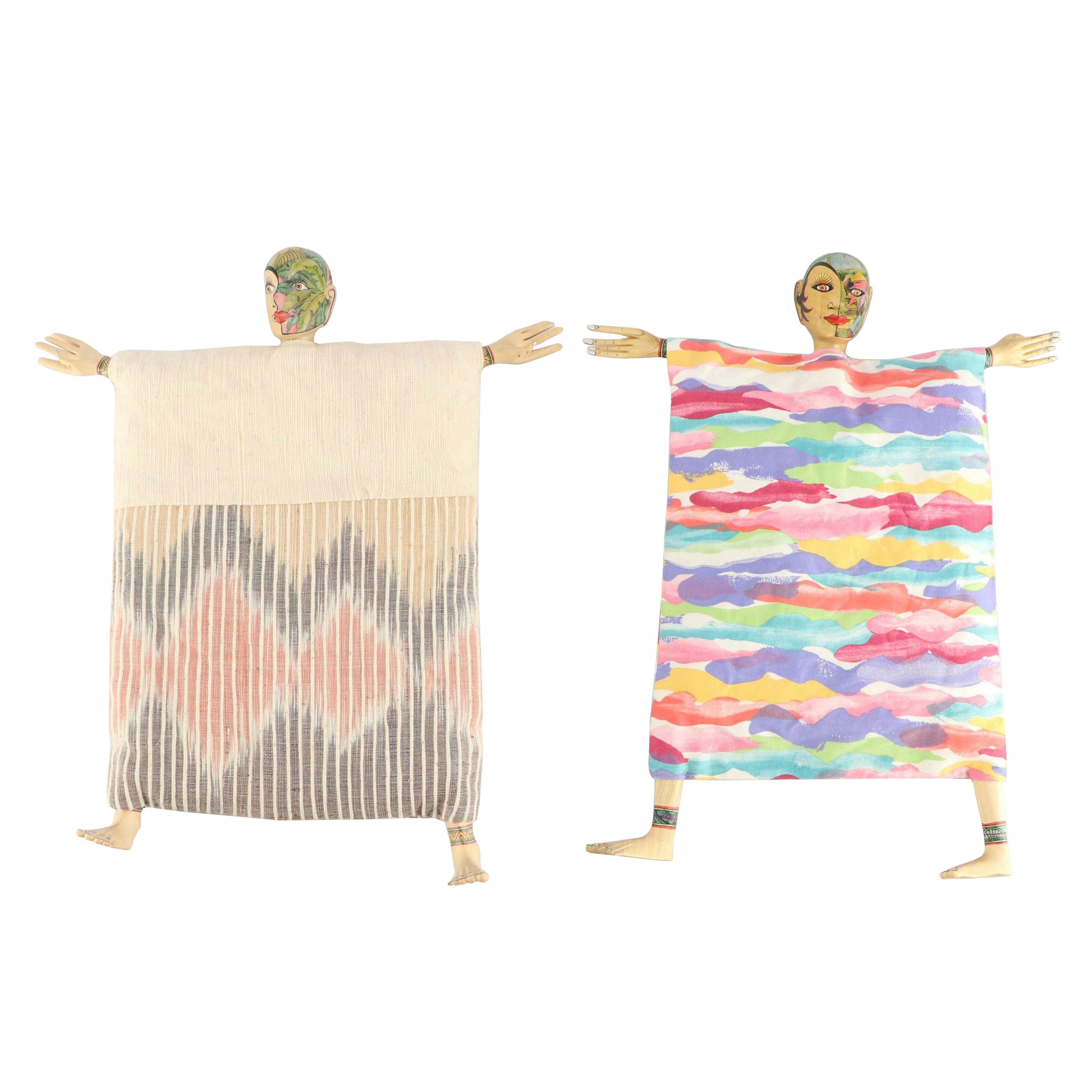 Indonesian Hand-Carved Polychrome Decorated Wood and Fabric Hand Puppets