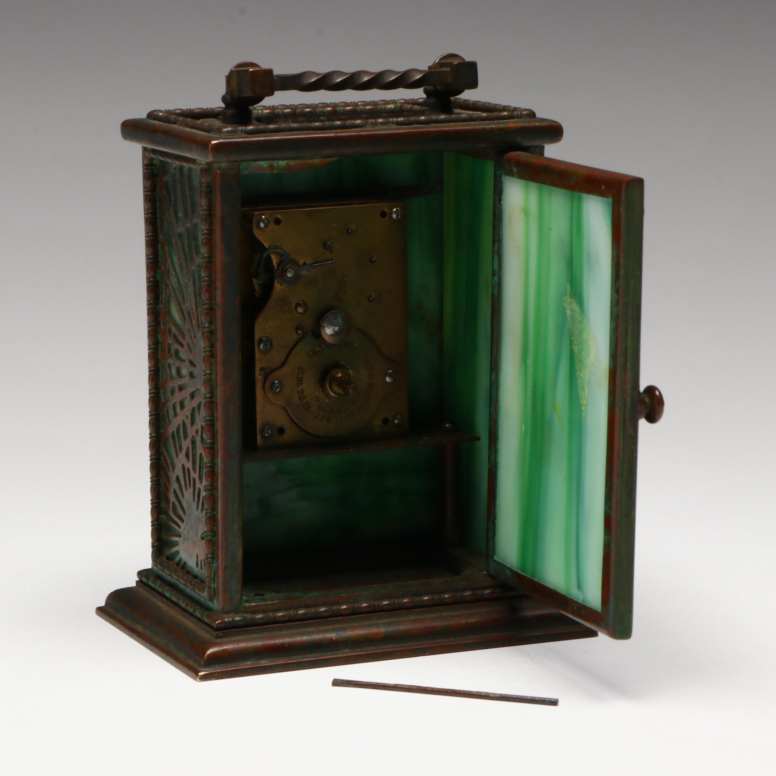 Tiffany Studios "Grapevine" Bronze and Green Slag Glass Clock