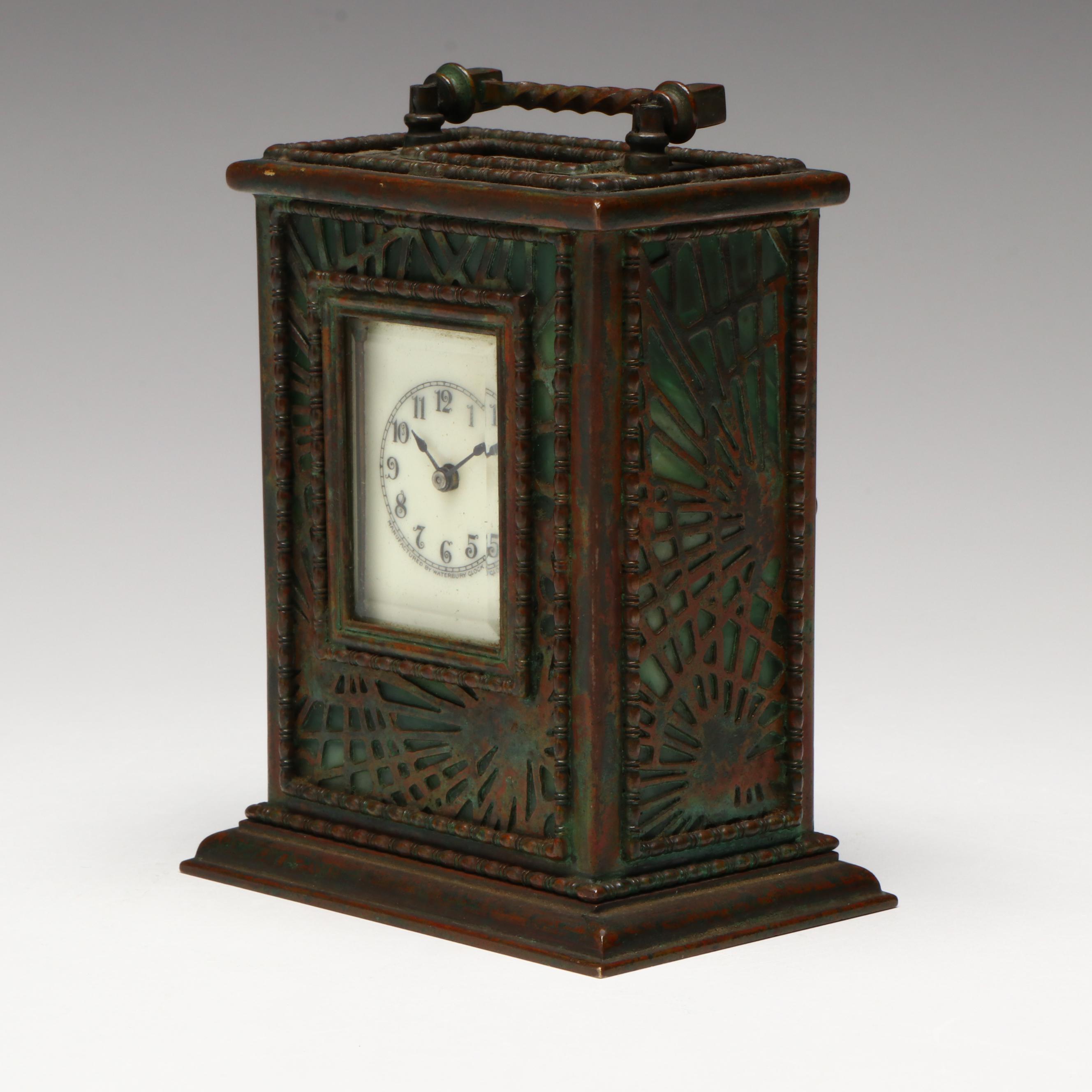 Tiffany Studios "Grapevine" Bronze and Green Slag Glass Clock