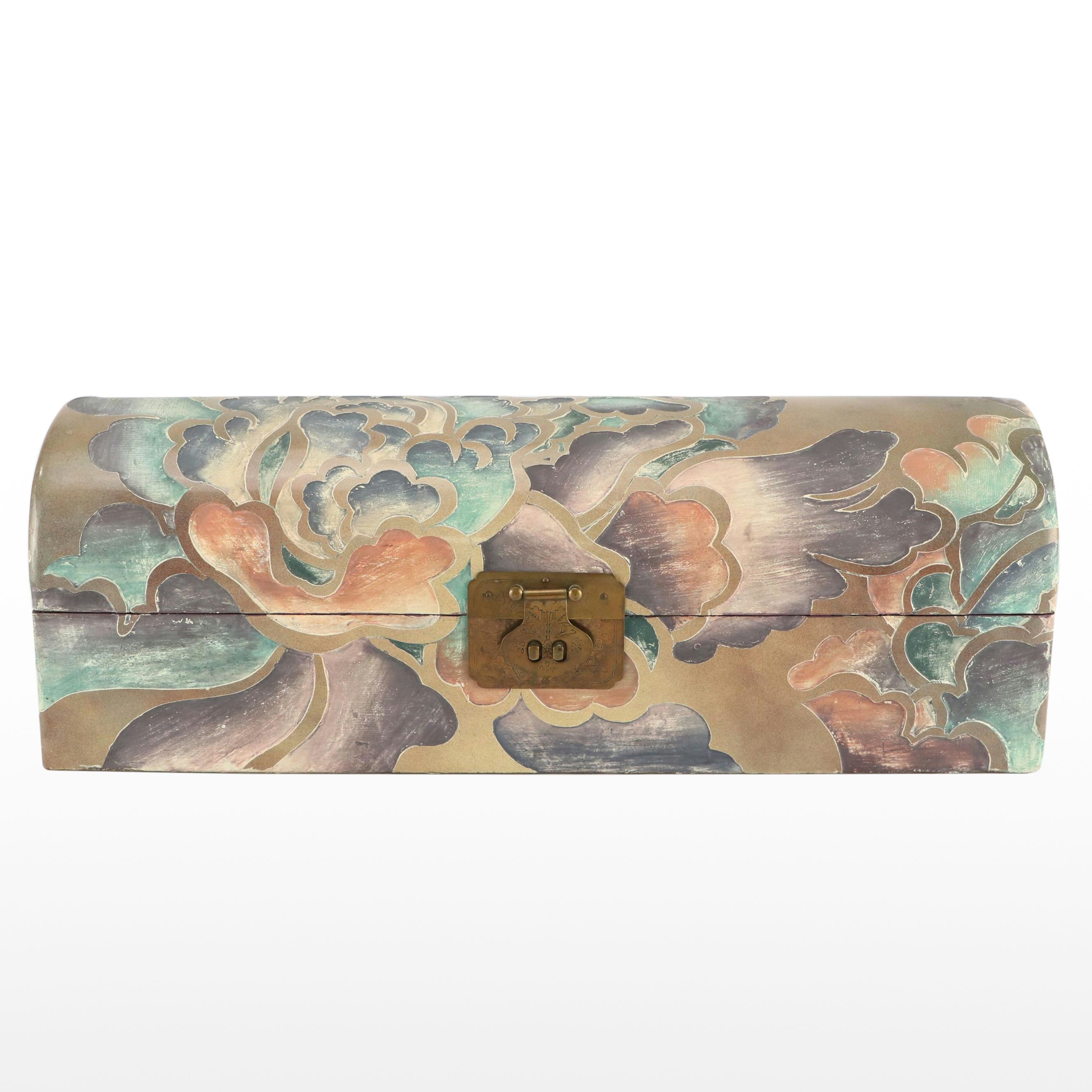 Dome Top Polychrome Decorative Box with Engraved Brass Latch, 20th Century