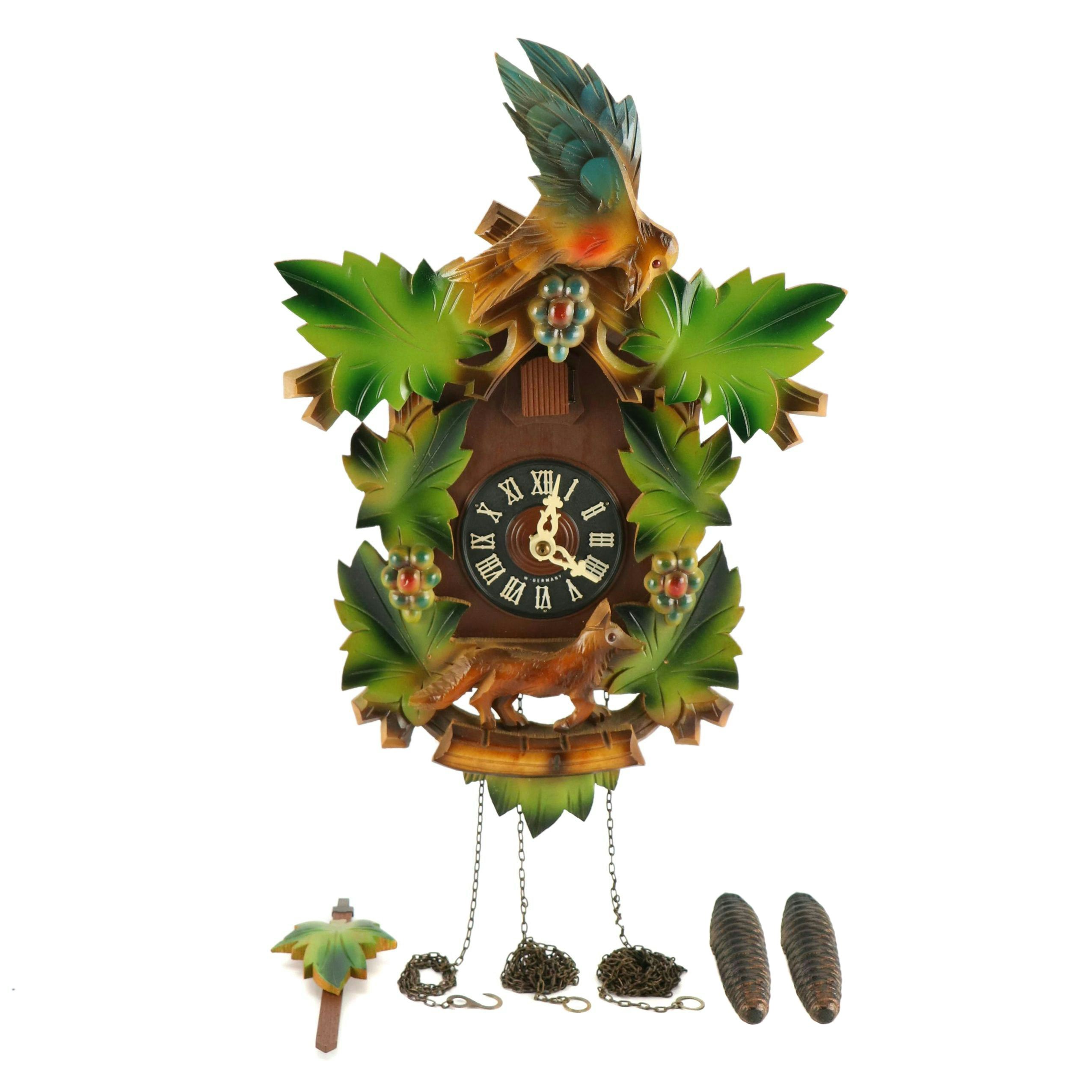 West German Polychrome Carved Wood Cuckoo Clock, Late 20th C.