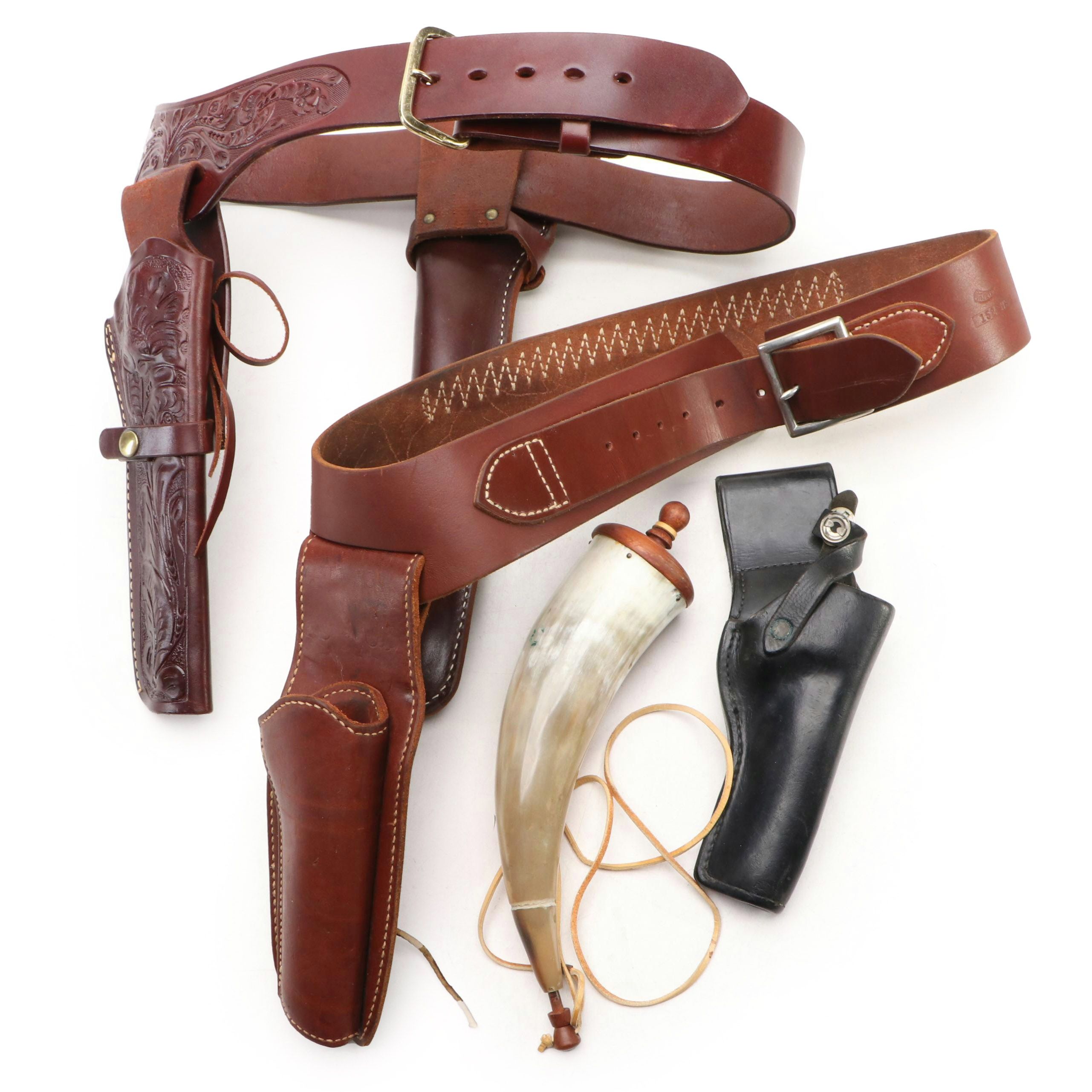 Cabelas, Don Hume, and Other Leather Handgun Holsters with Powder Horn