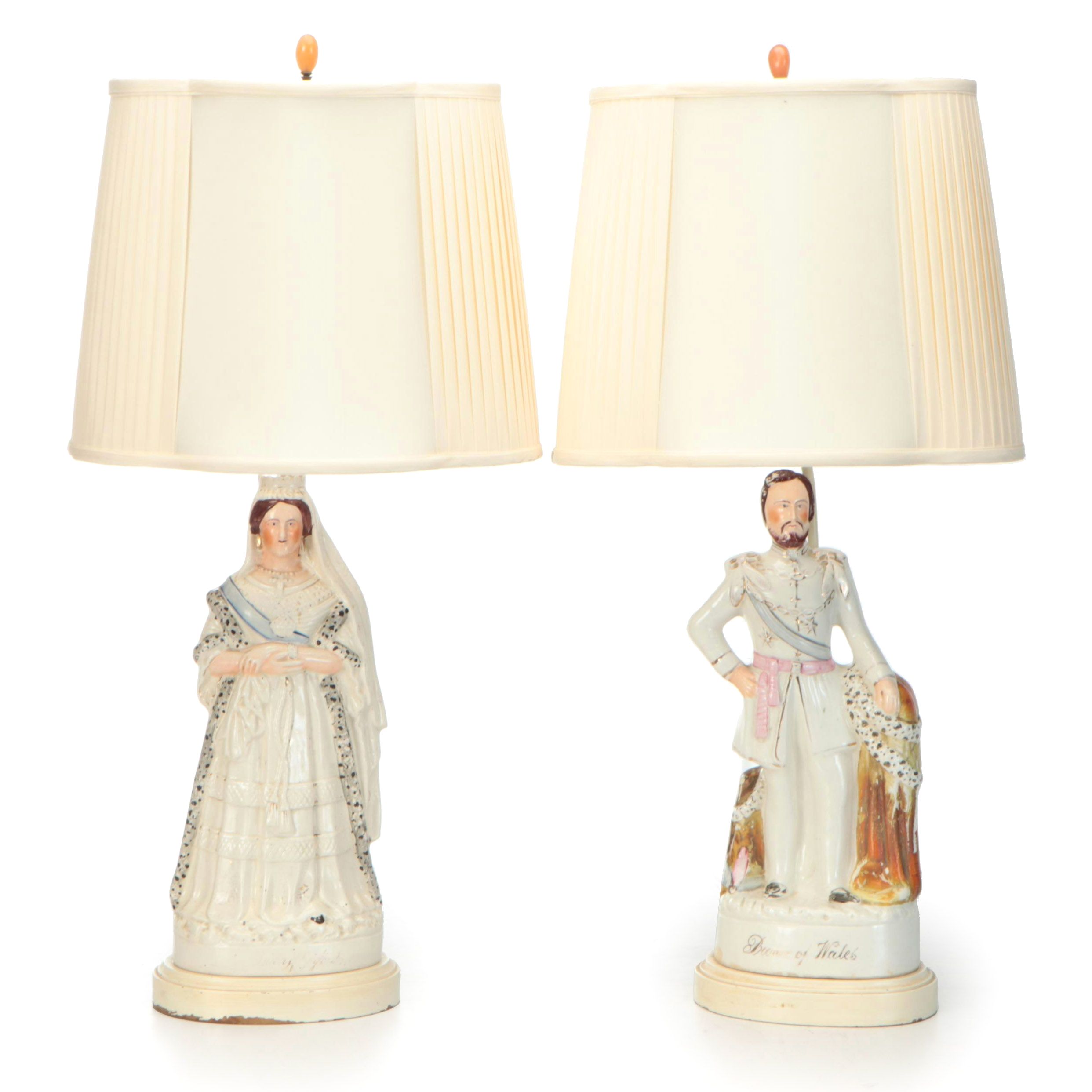 Staffordshire Queen Victoria & Edward VII Figural Lamps, Plain and Pleat Shades
