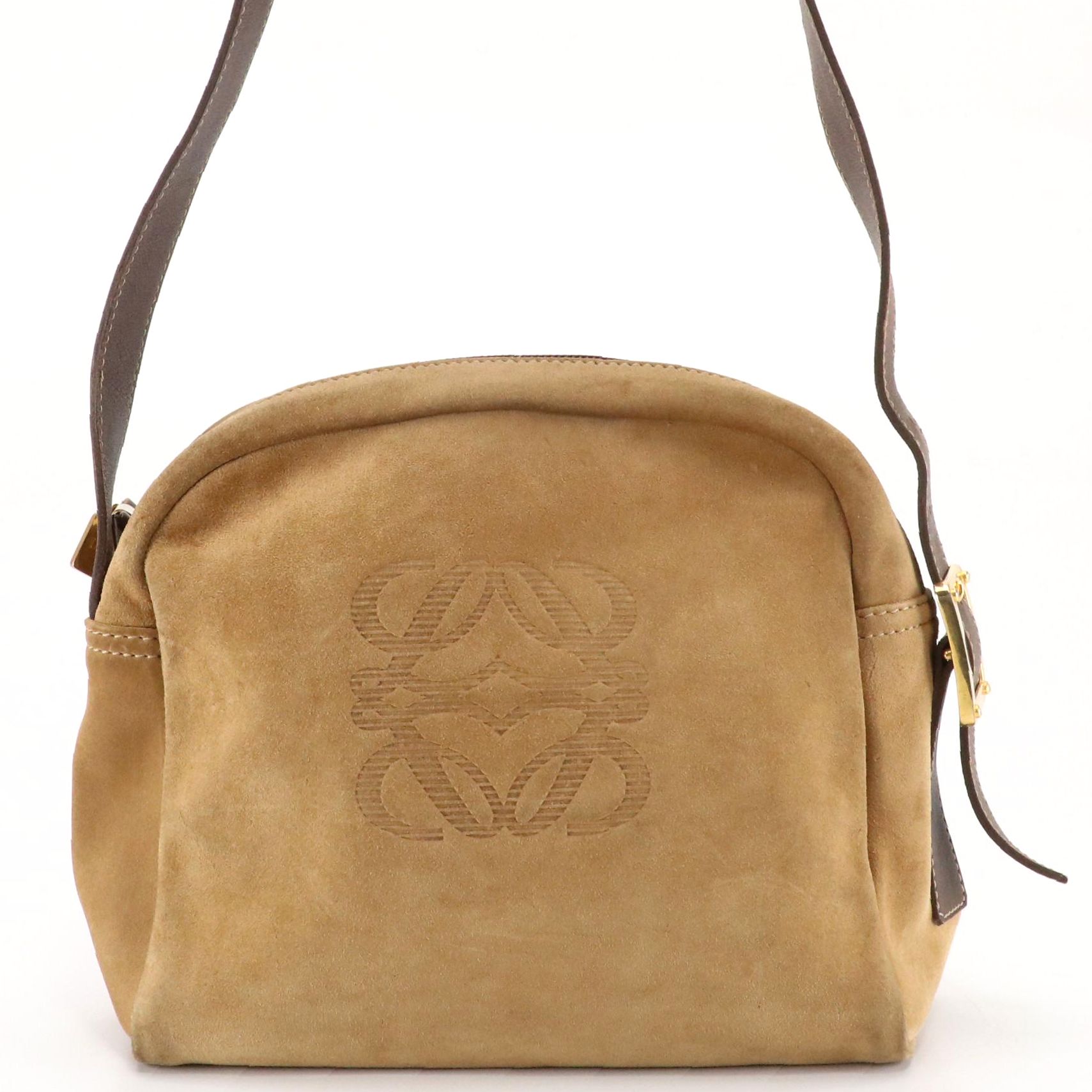 Loewe Domed Shoulder Bag in Tan Anagram Embossed Suede and Brown Leather Trim