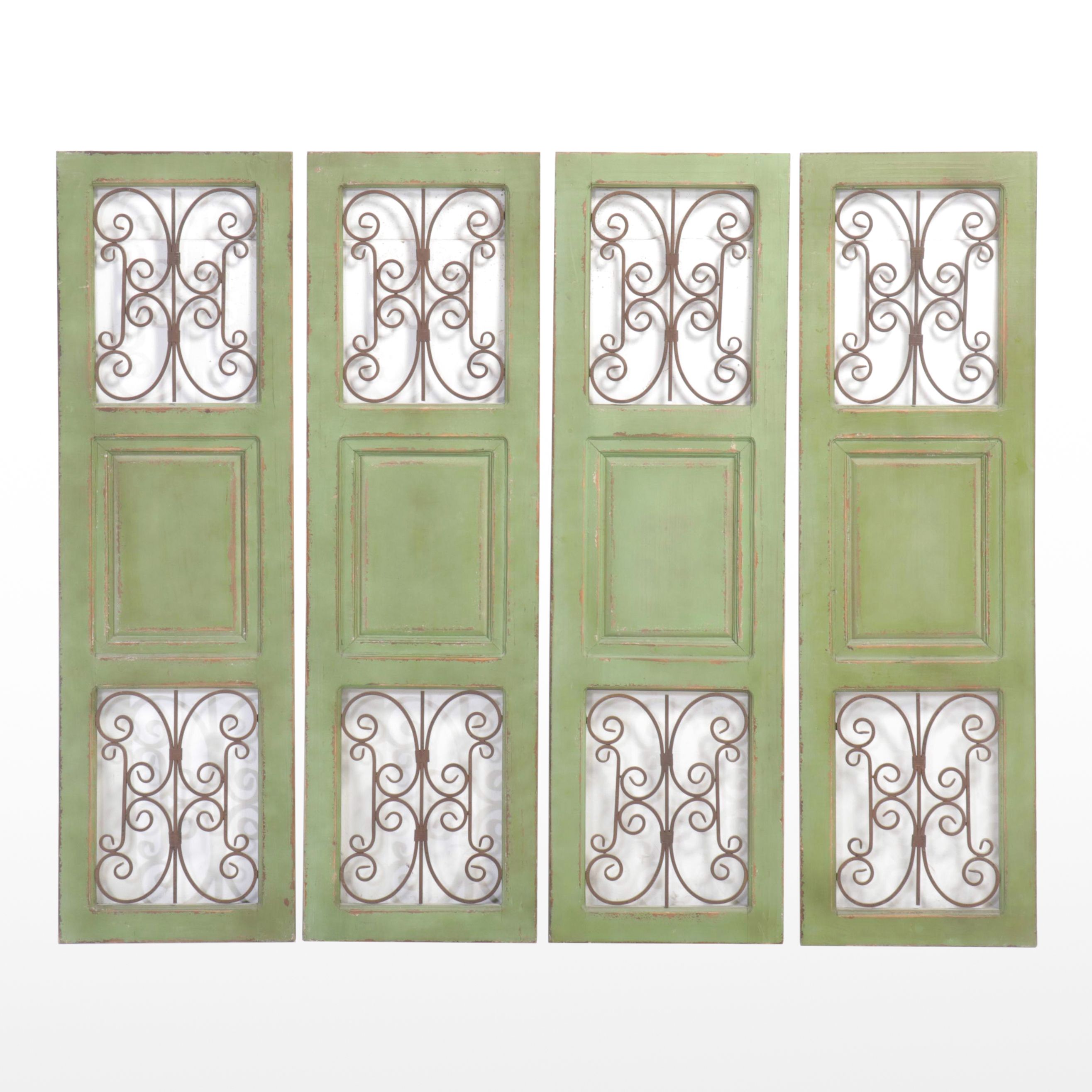 Art Nouveau Style Painted Wood and Scrolled Metal Shutter Shaped Panels