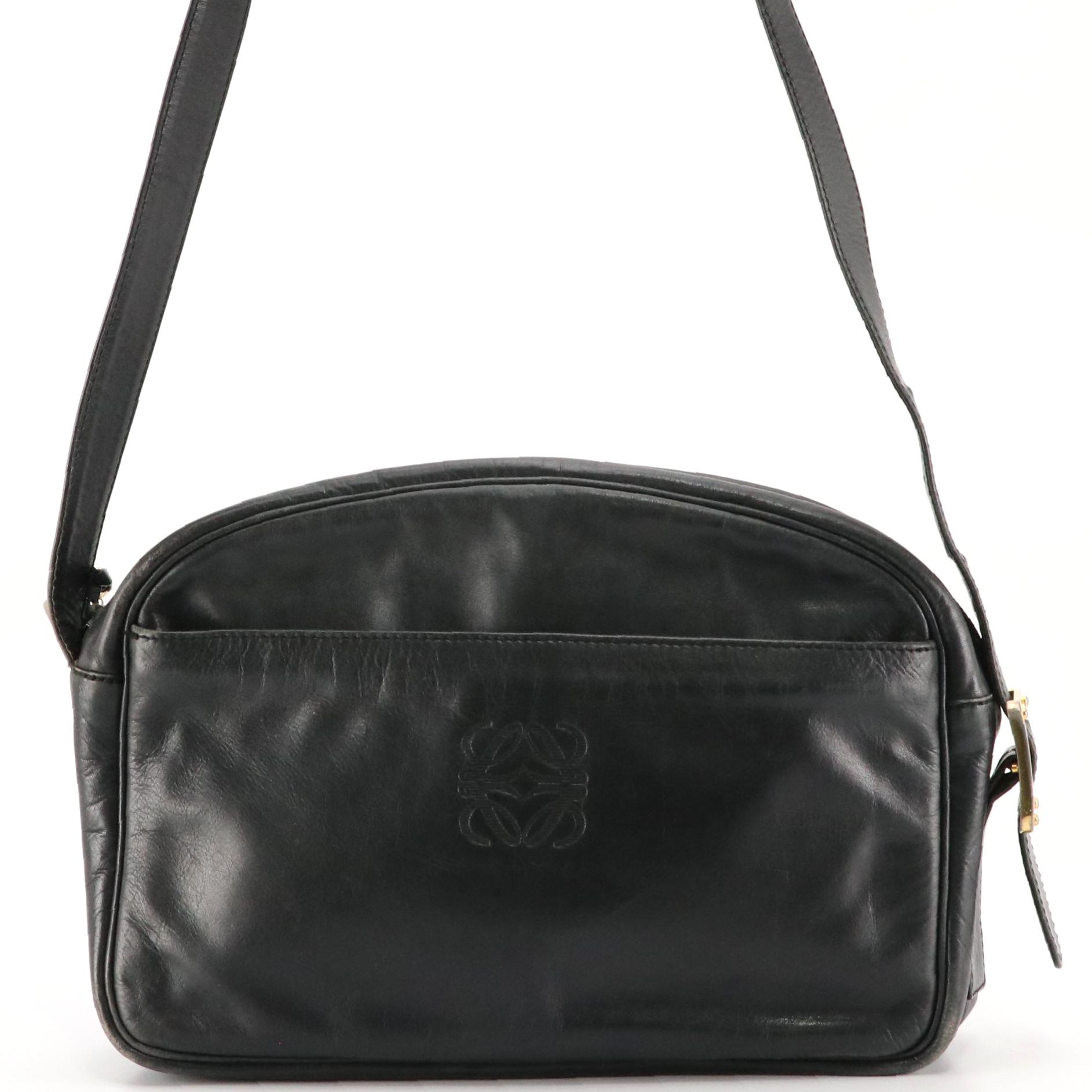 Loewe Anagram Embossed Shoulder Bag in Dark Navy Calfskin Leather