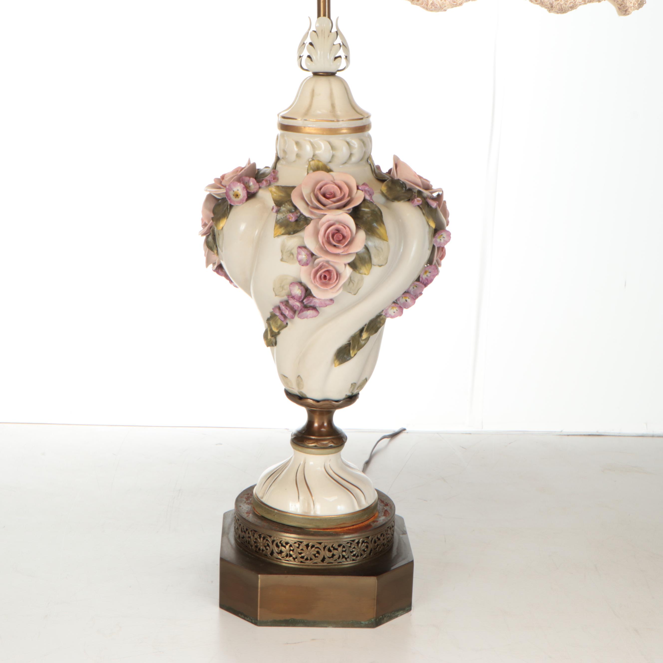 Pair of Capodimonte Style Rose Spiral Table Lamps with Victorian Lace Cap Shades