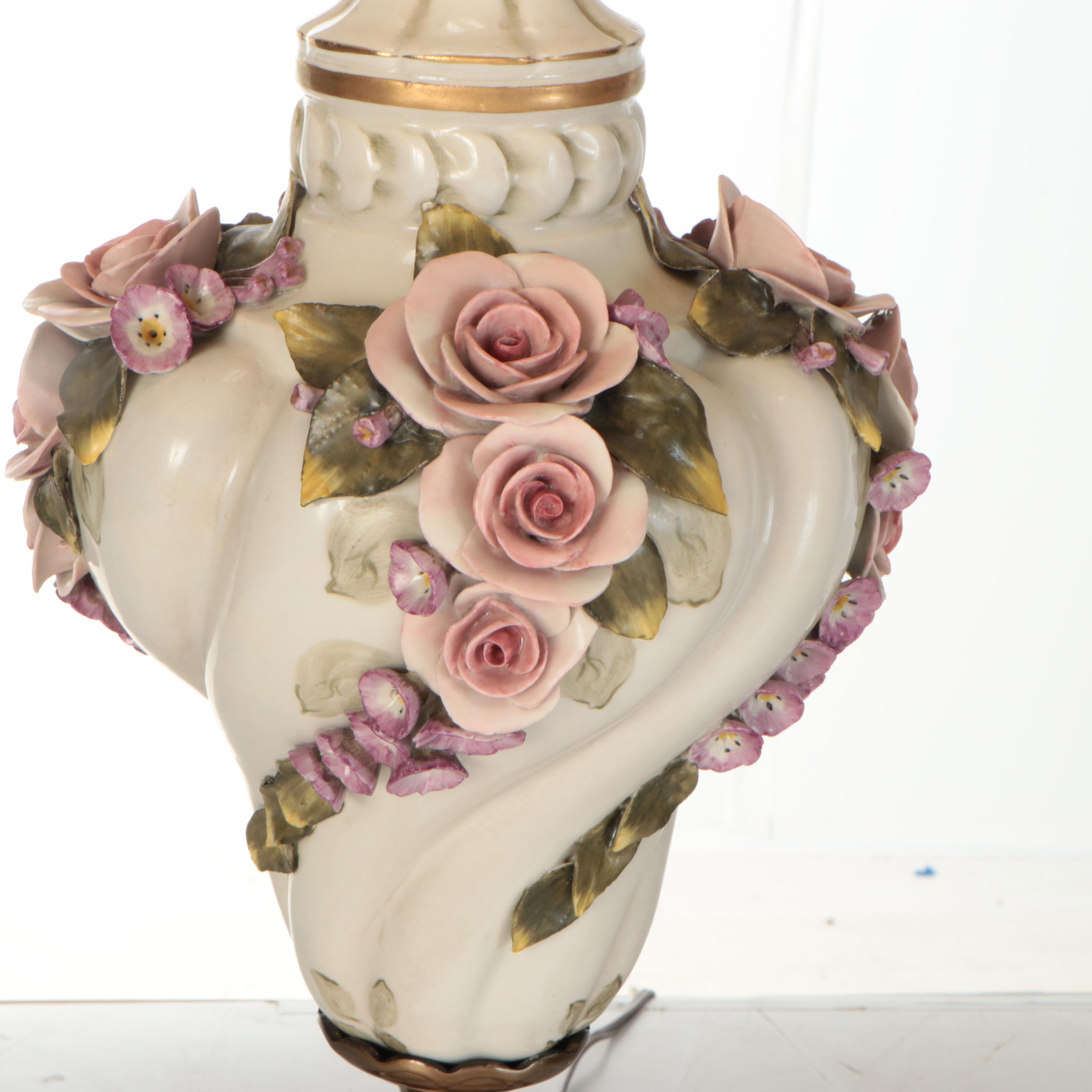Pair of Capodimonte Style Rose Spiral Table Lamps with Victorian Lace Cap Shades