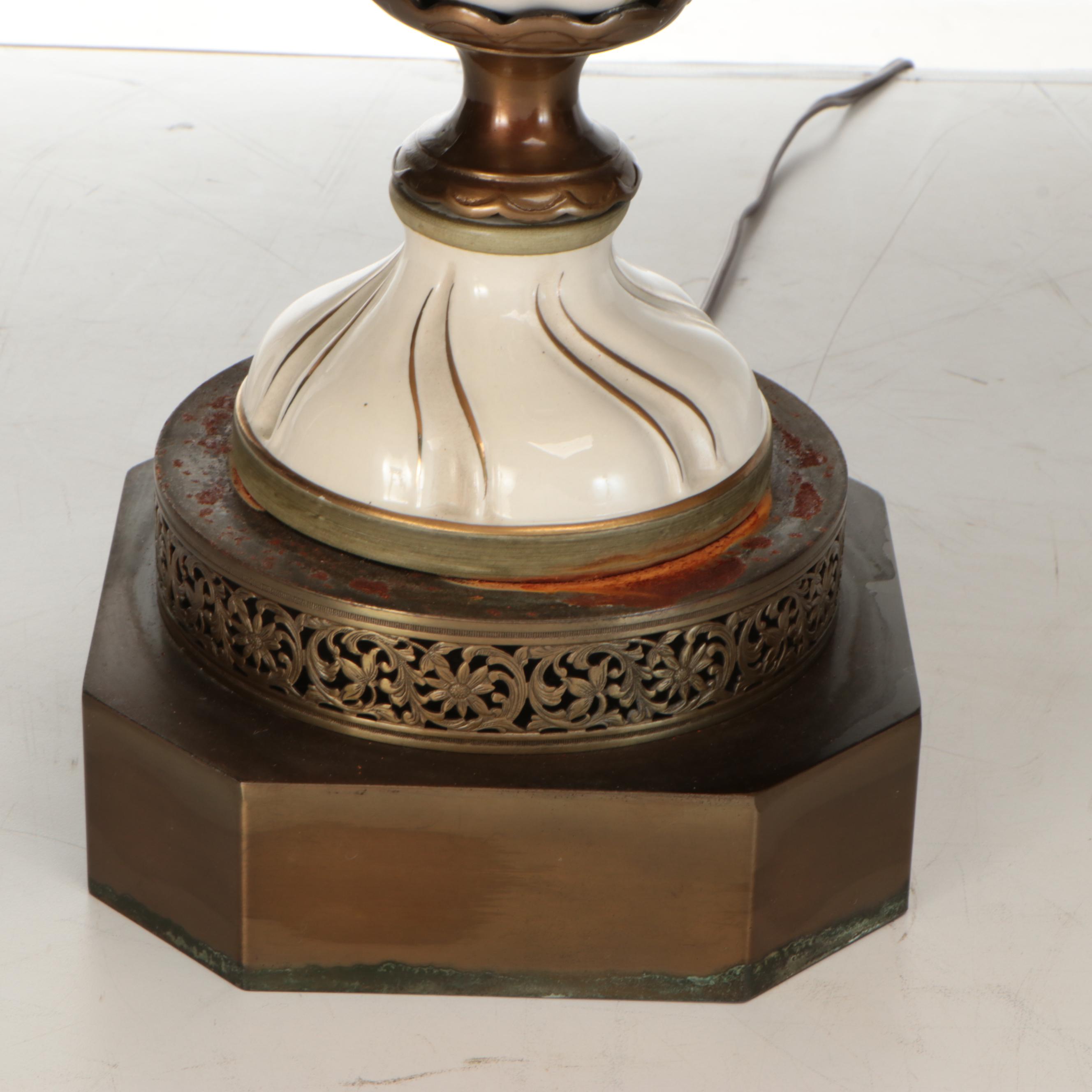 Pair of Capodimonte Style Rose Spiral Table Lamps with Victorian Lace Cap Shades