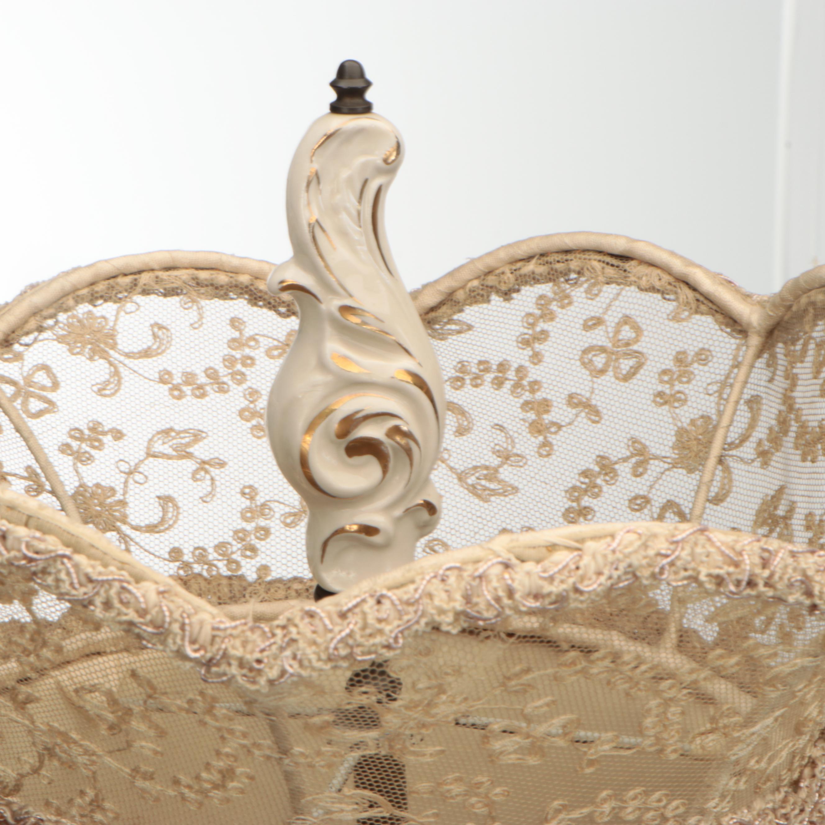 Pair of Capodimonte Style Rose Spiral Table Lamps with Victorian Lace Cap Shades