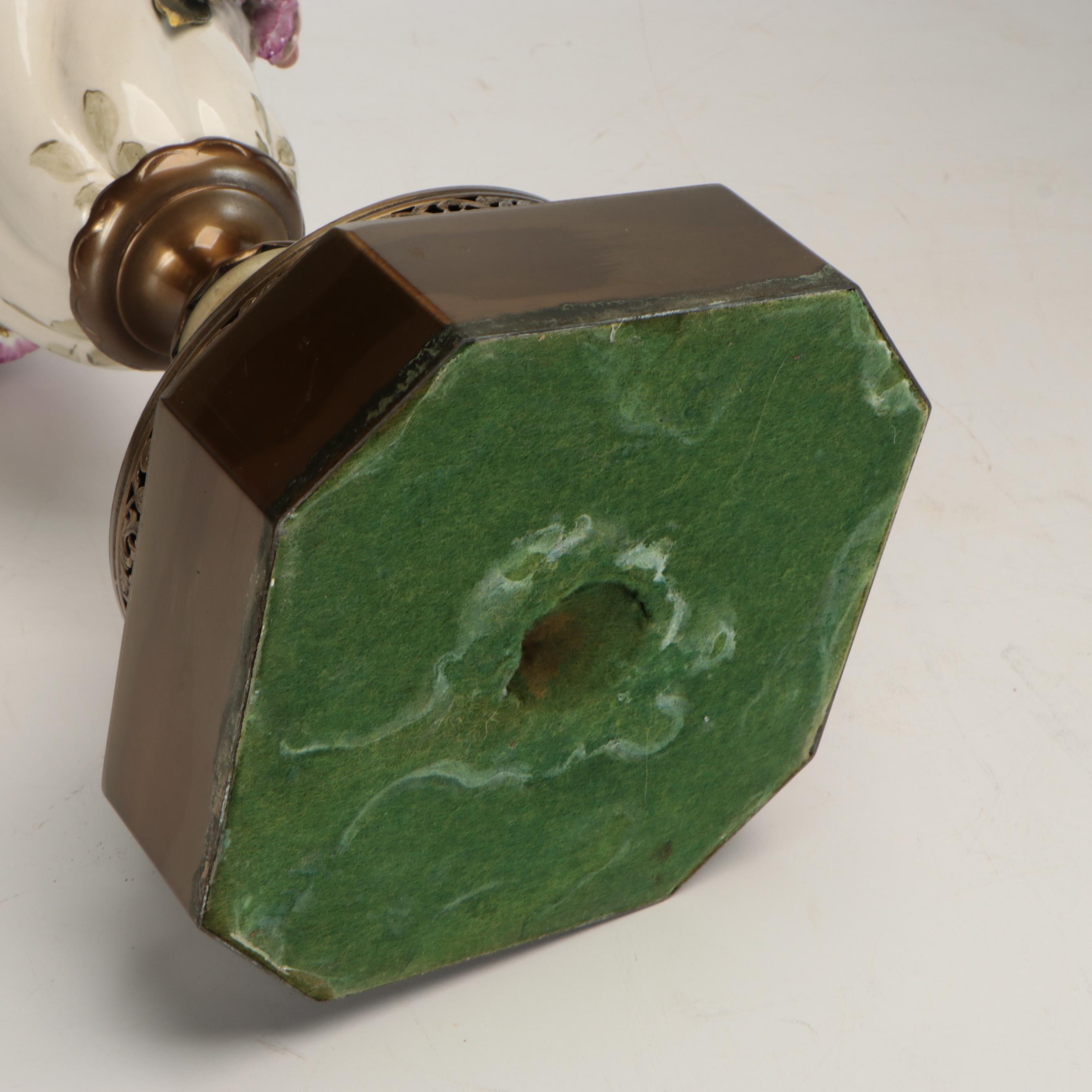 Pair of Capodimonte Style Rose Spiral Table Lamps with Victorian Lace Cap Shades