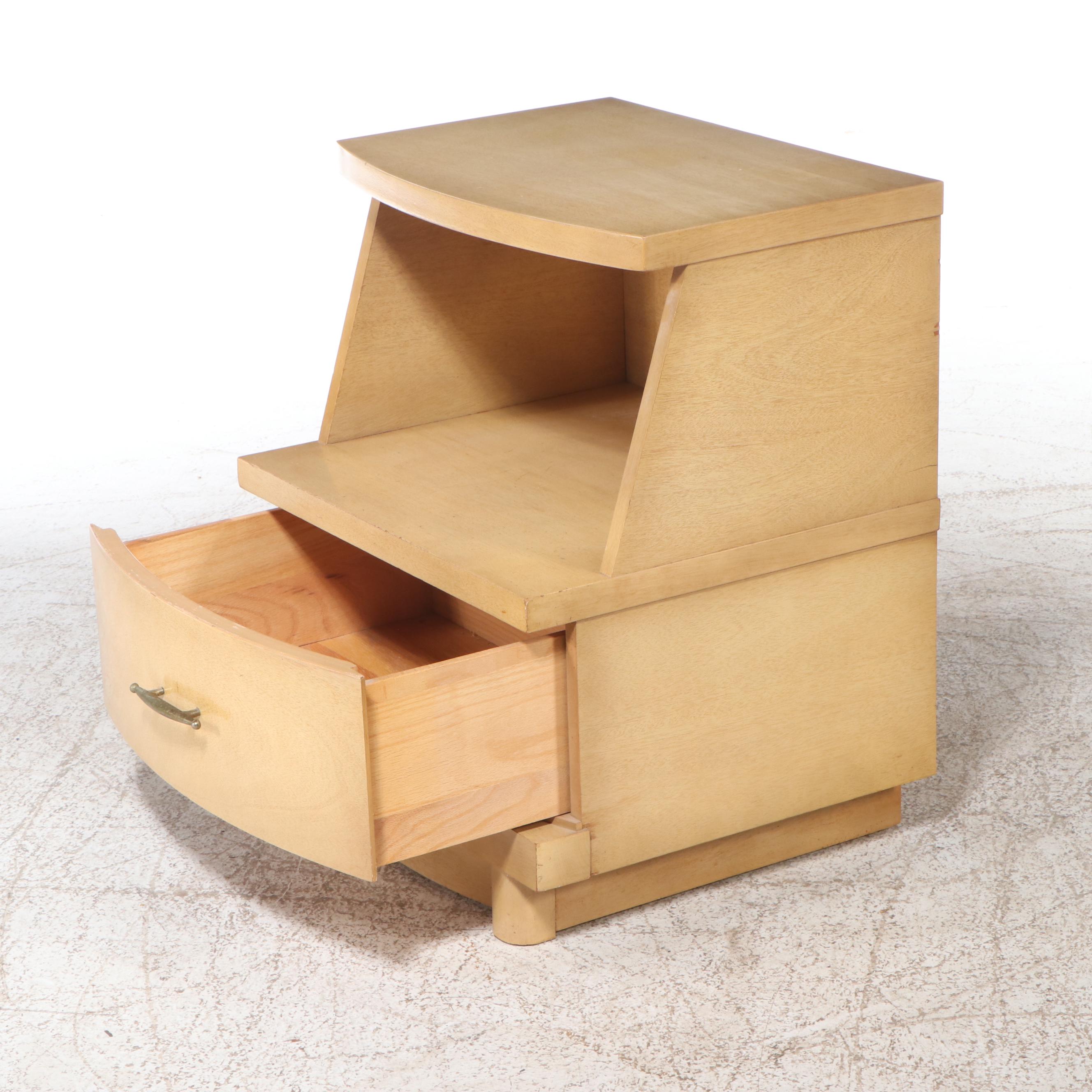 Mid Century Modern Blonde Wood Headboard and Nightstand