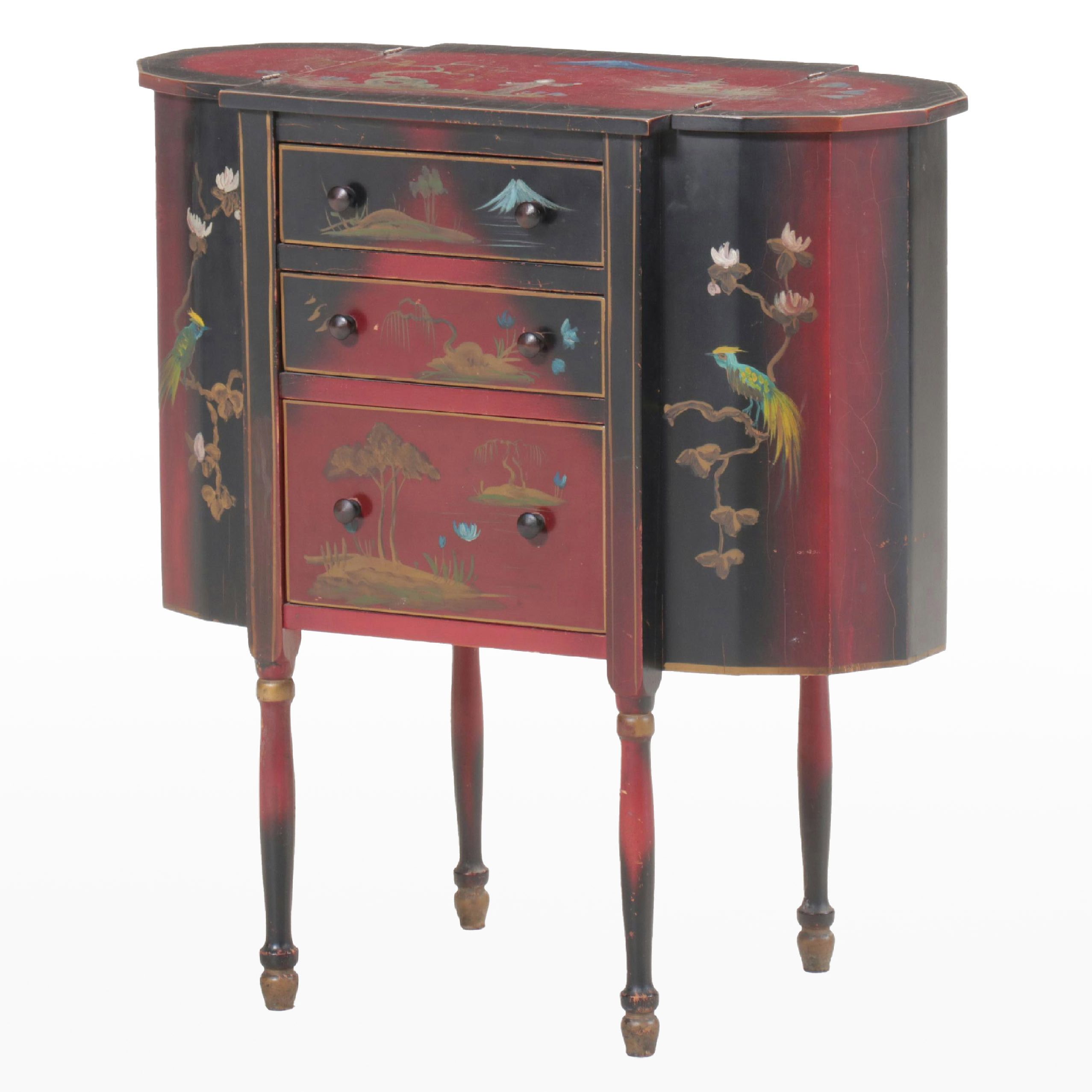 Chinoiserie Painted Decorated Martha Washington Sewing Table, Mid to Late 20th C