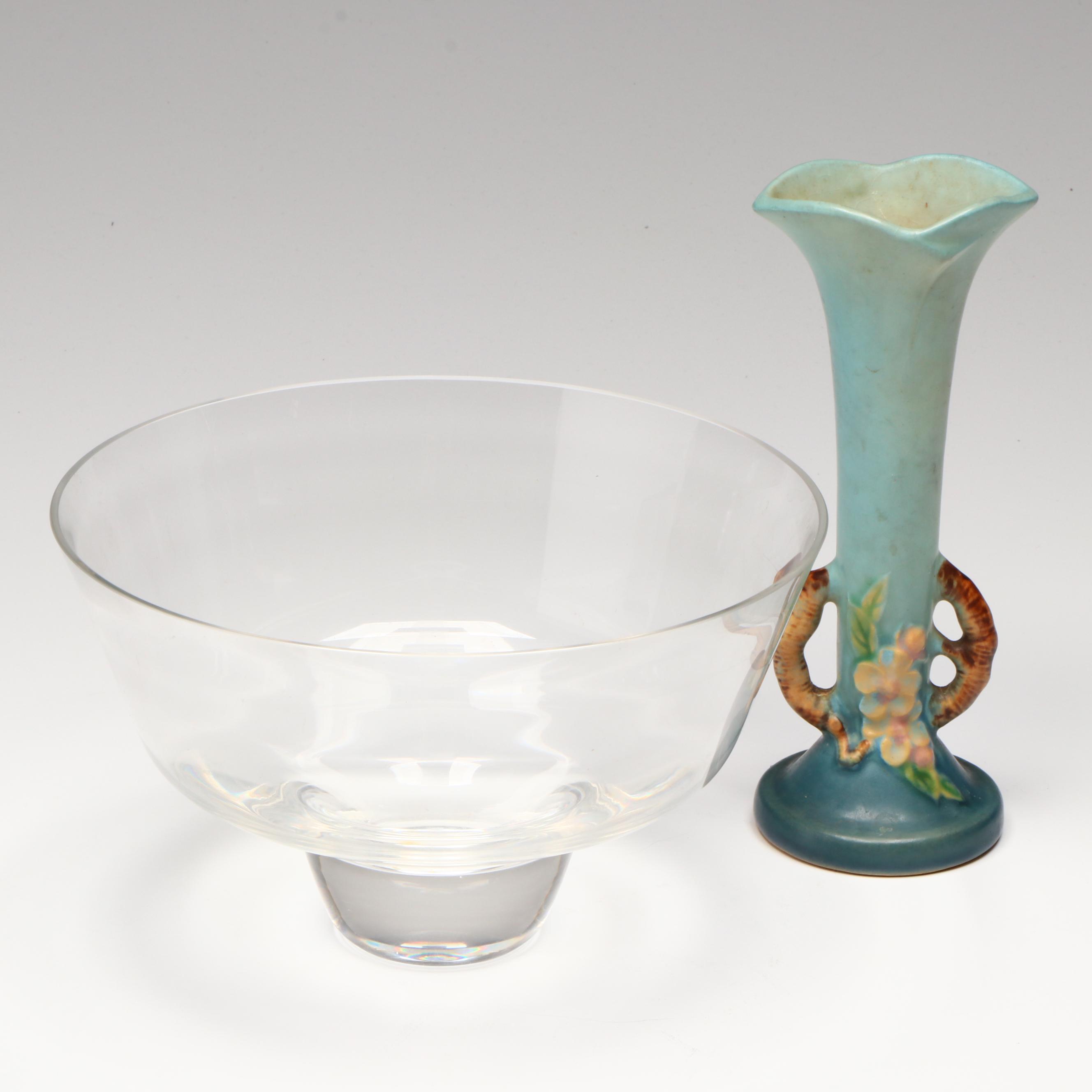 Roseville "Apple Blossom" Ceramic Bud Vase with Crystal Bowl