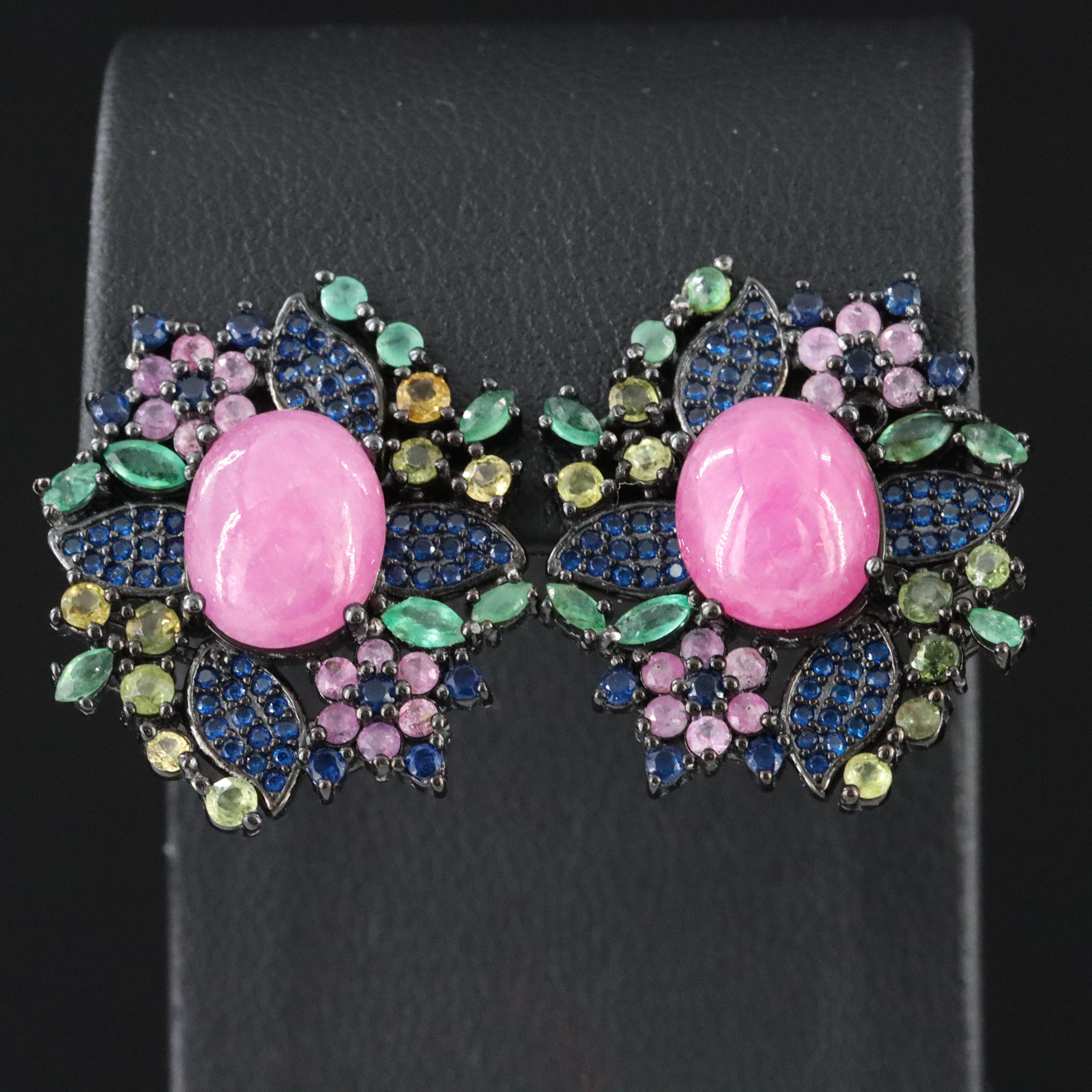 Sterling Sapphire, Ruby and Emerald Earrings with Yellow and Pink Sapphires