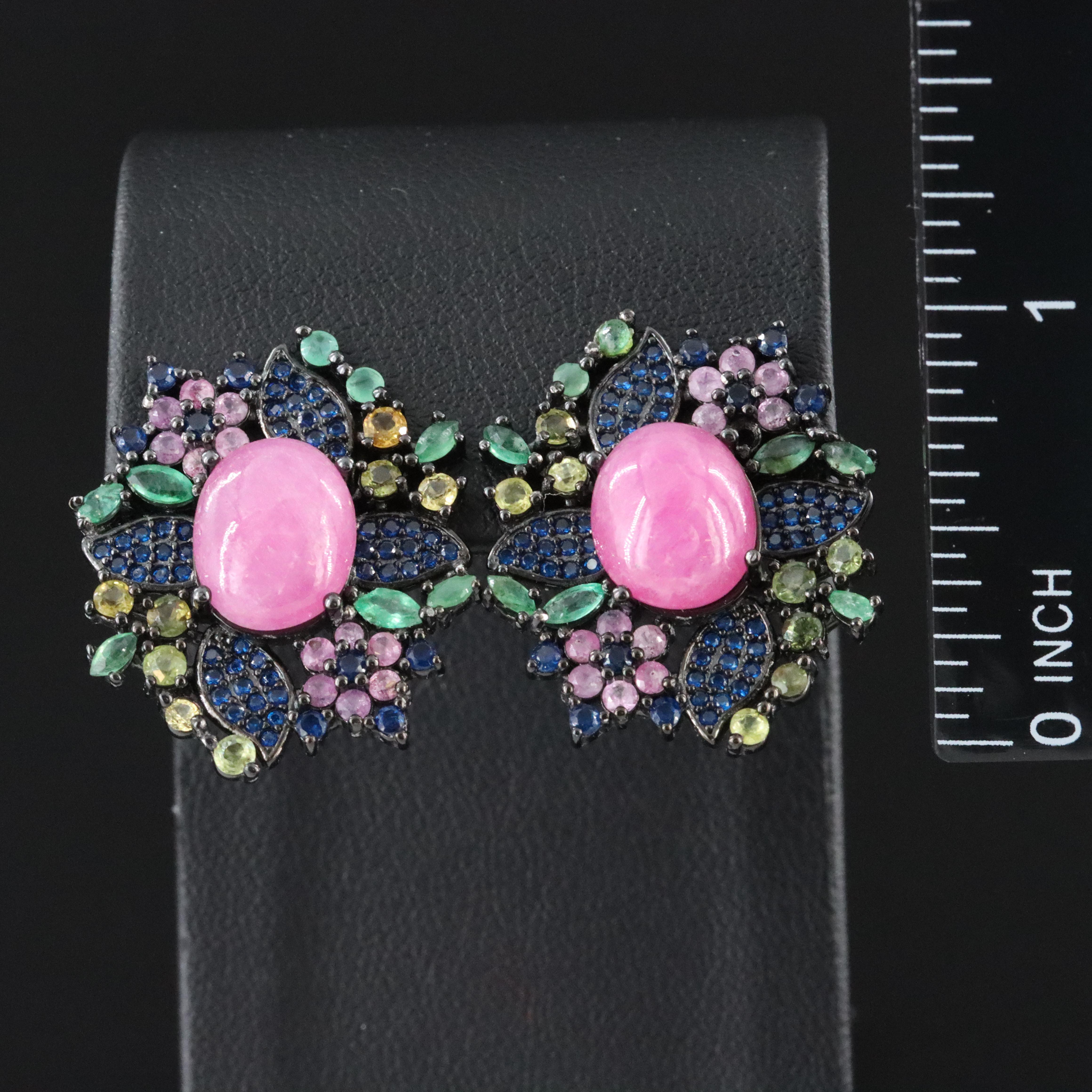 Sterling Sapphire, Ruby and Emerald Earrings with Yellow and Pink Sapphires